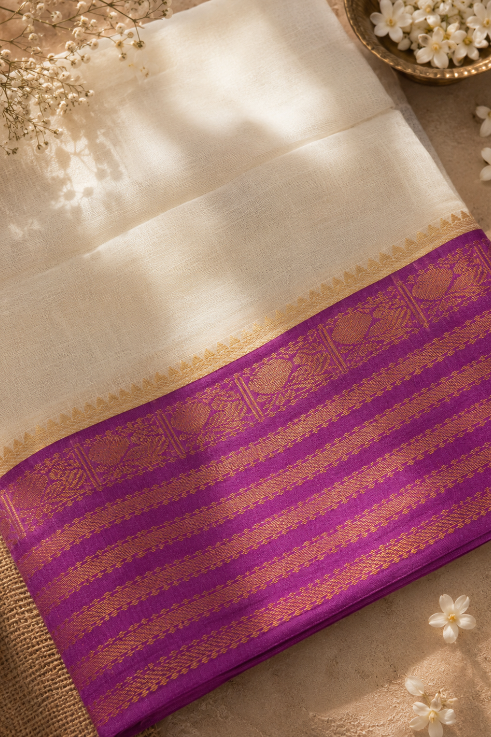 Off White 120 Count Mul Mul Cotton Saree with Purple & Gold Zari Border