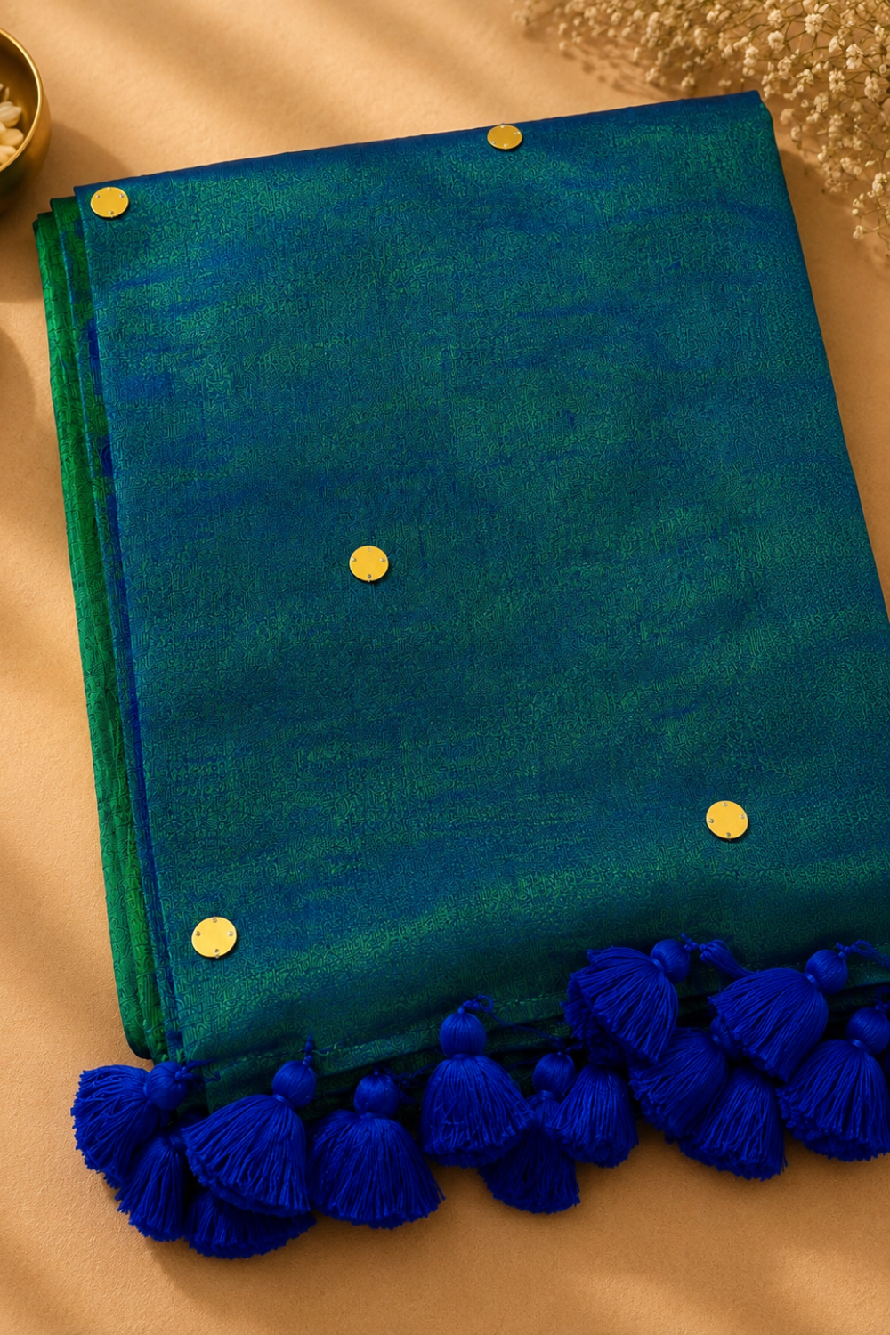Peacock Blue Linen Tissue Saree with Gold Butta