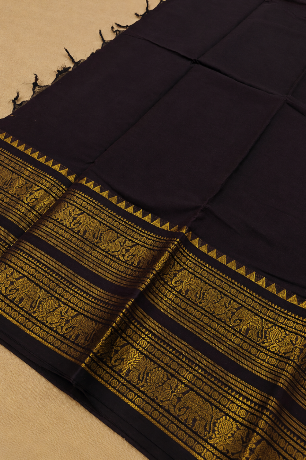 Coffee Brown Chettinad Cotton Saree with Traditional Zari Border