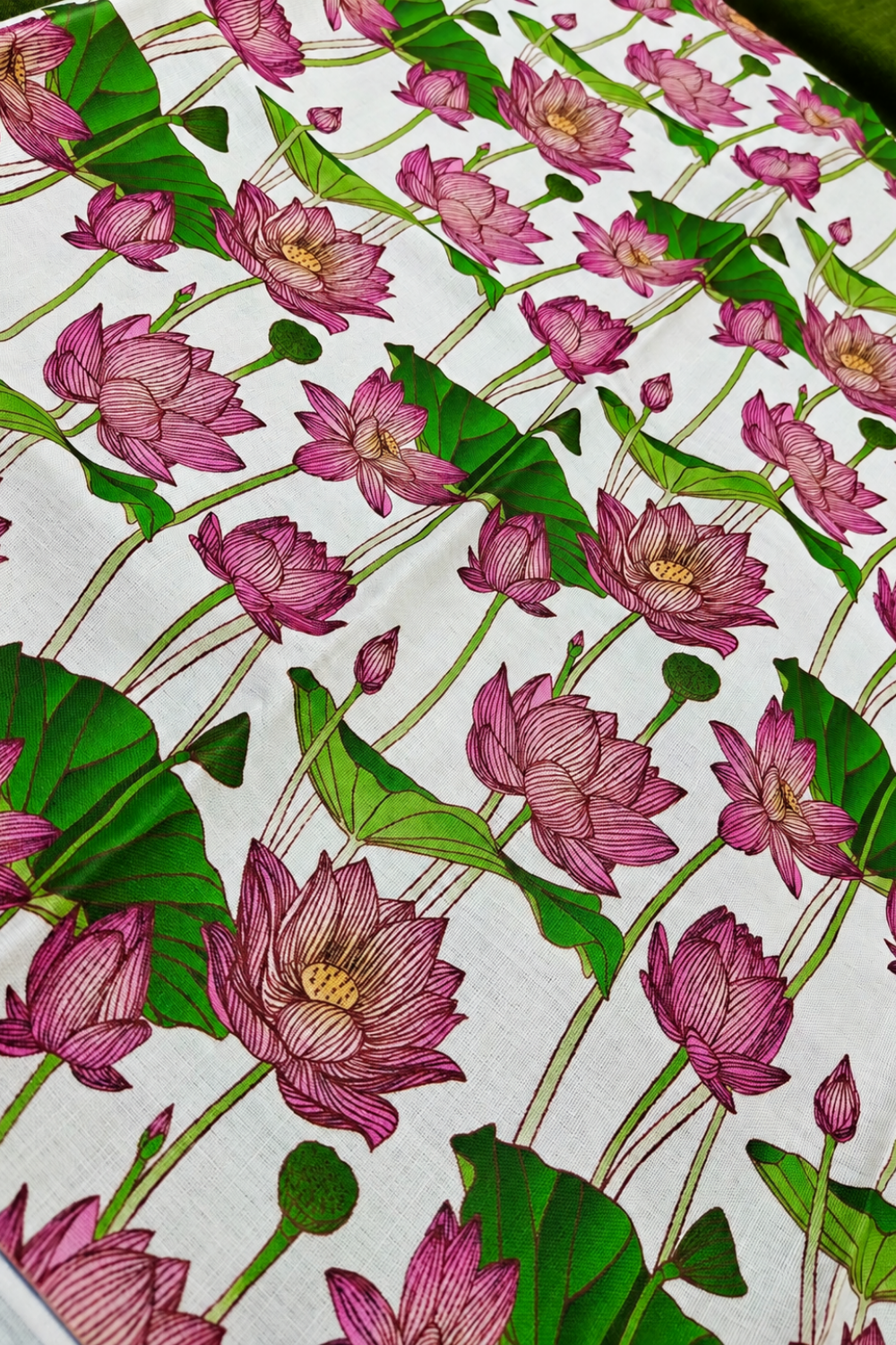Olive Green Linen Cotton Saree with Lotus Printed Contrast Blouse