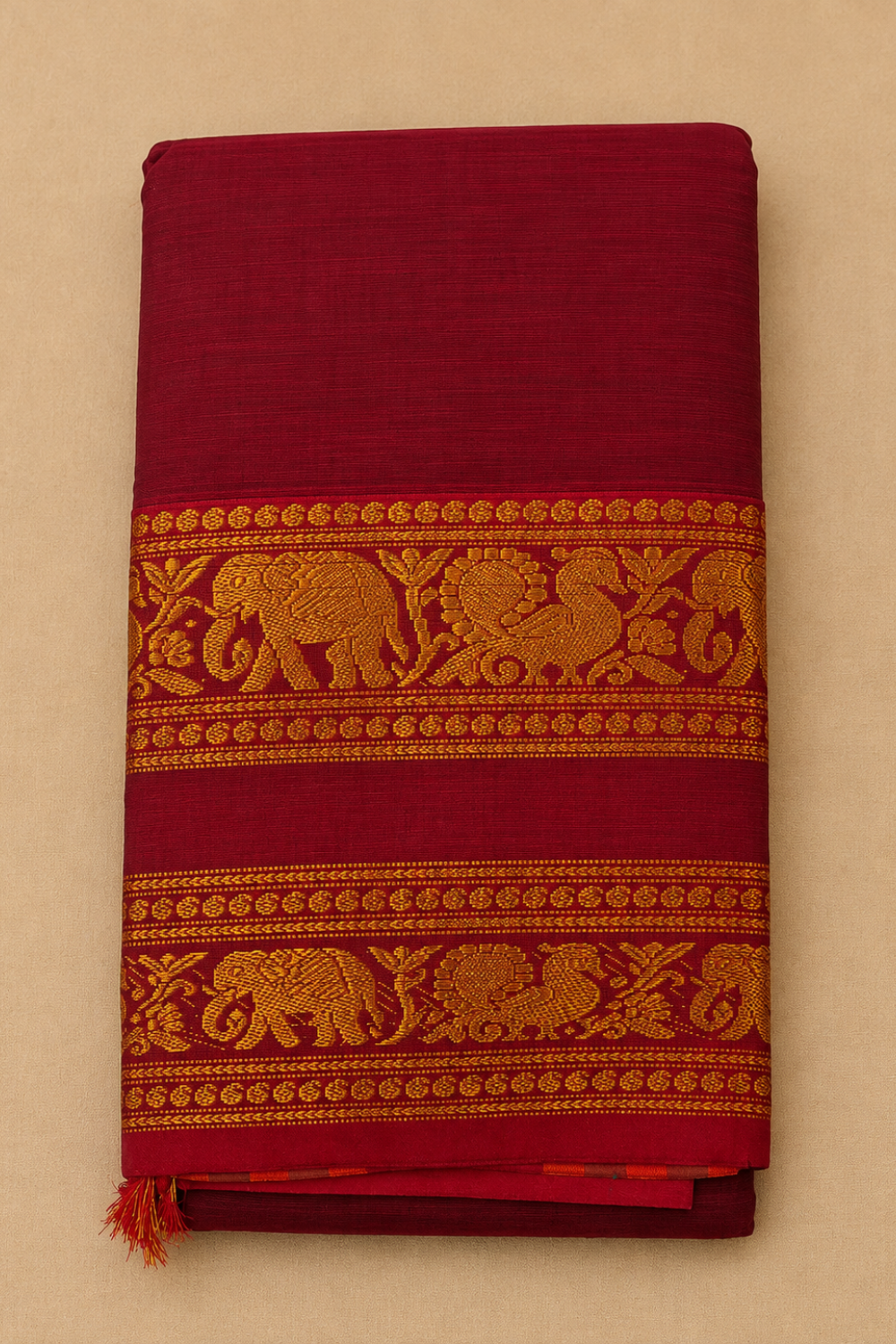 Maroon Narayanpet Cotton Saree with Traditional Gold Zari Border & Running Blouse
