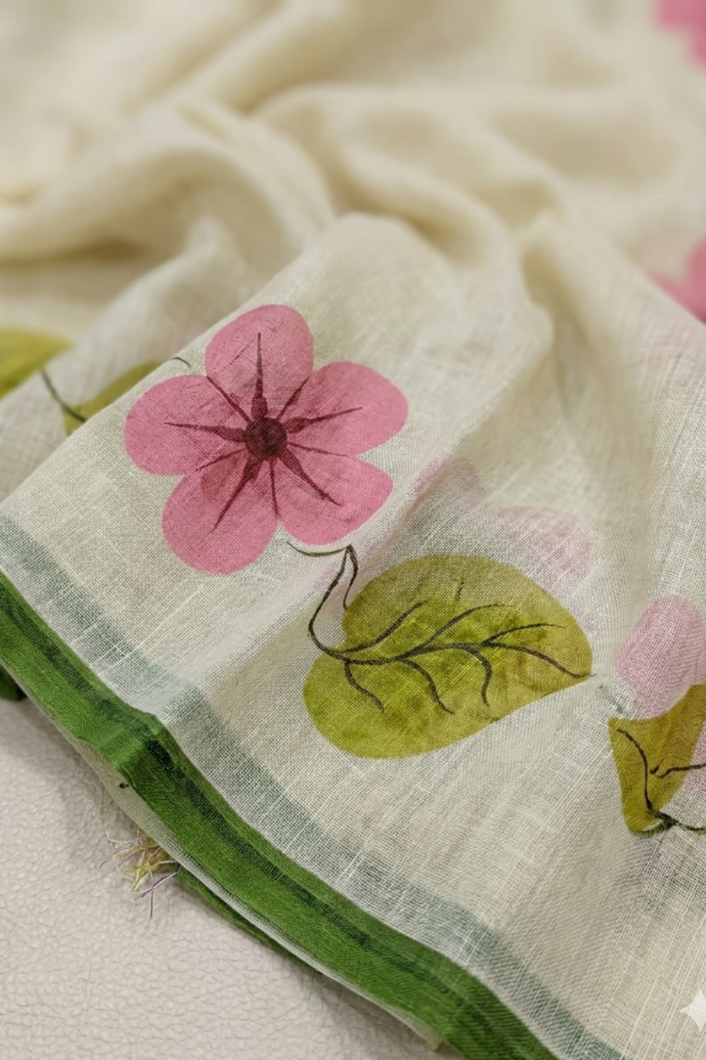 Ivory Floral Linen Blend Saree with Green Border