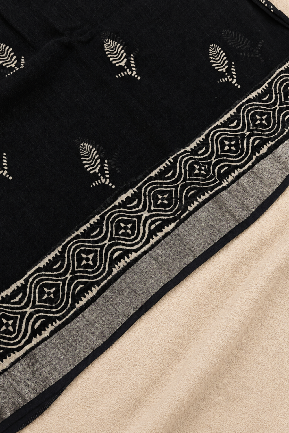 Black Hand Block Print Linen Saree with Woven Geometric Border