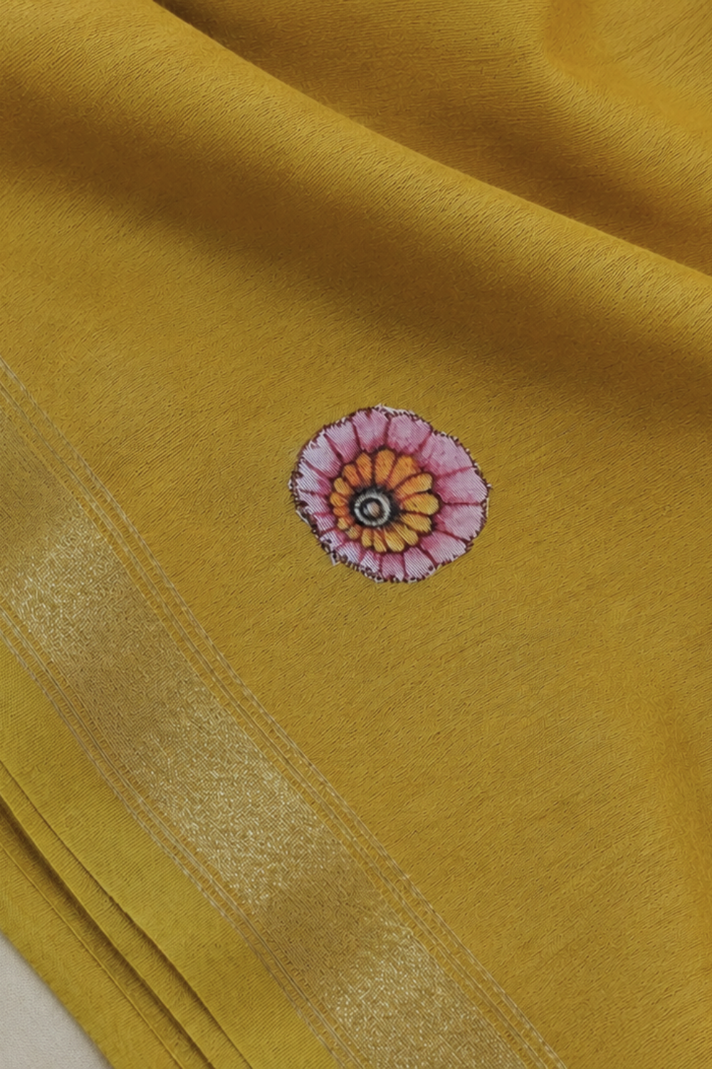 Mustard Yellow Linen Chanderi Saree with Floral & Peacock Print