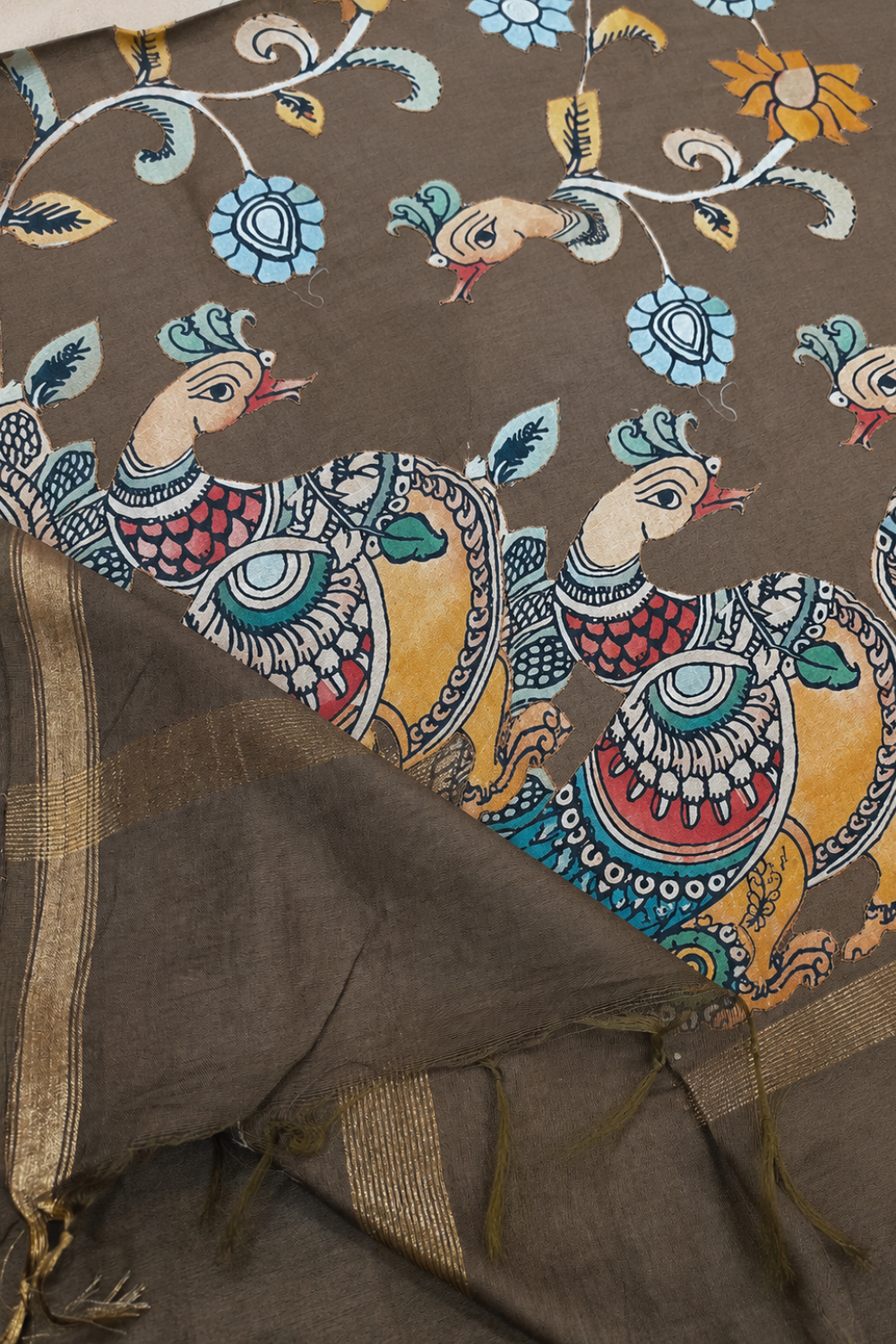 Brown Linen Chanderi Saree with Floral & Peacock Appliqué