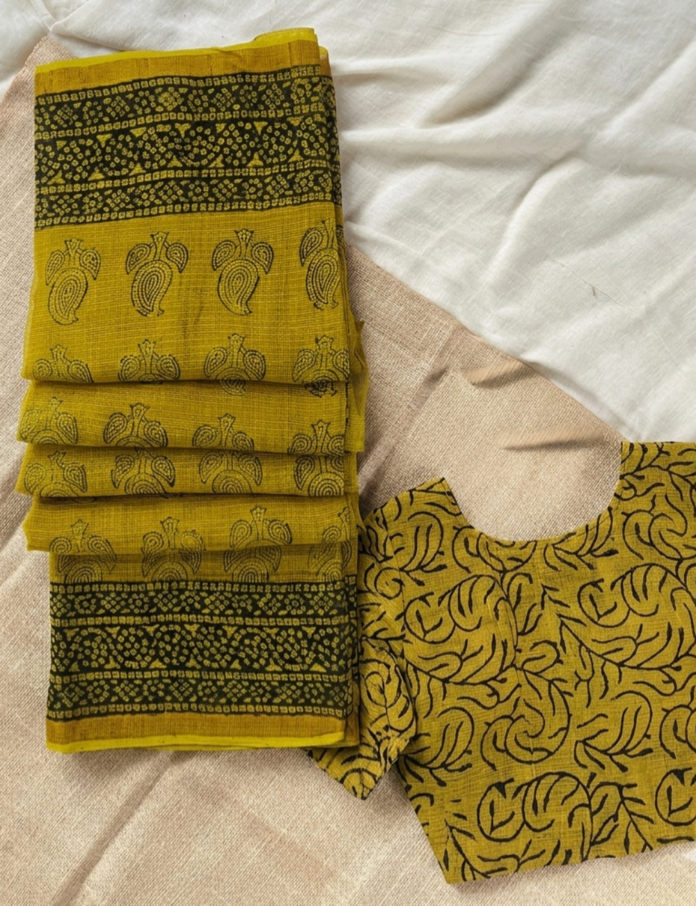 Mustard Yellow Mango Bagru Handblock Kota Doriya Saree