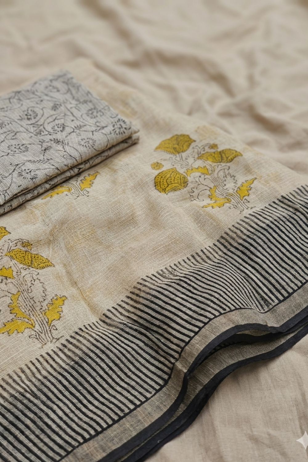 Ivory Hand Block Print Kota Doria Saree with Mustard Striped Pallu