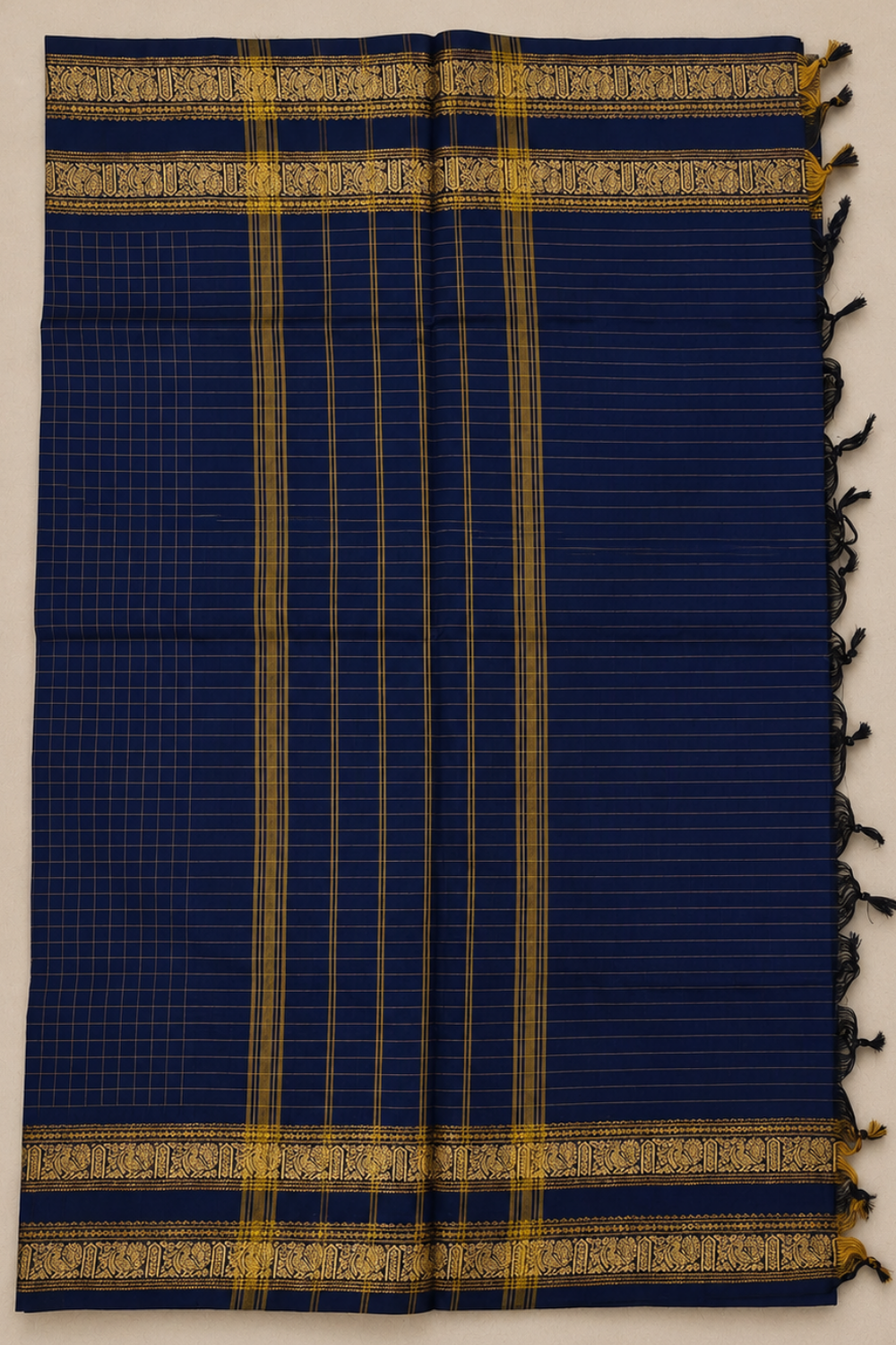 Royal Navy Blue Kanchi Cotton Saree with Gold Zari-Inspired Border & Checks
