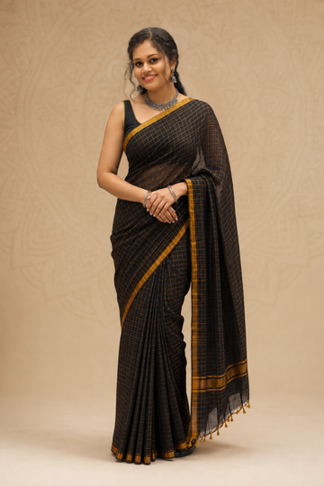 Black & Gold Checks Mul Mul Cotton Saree