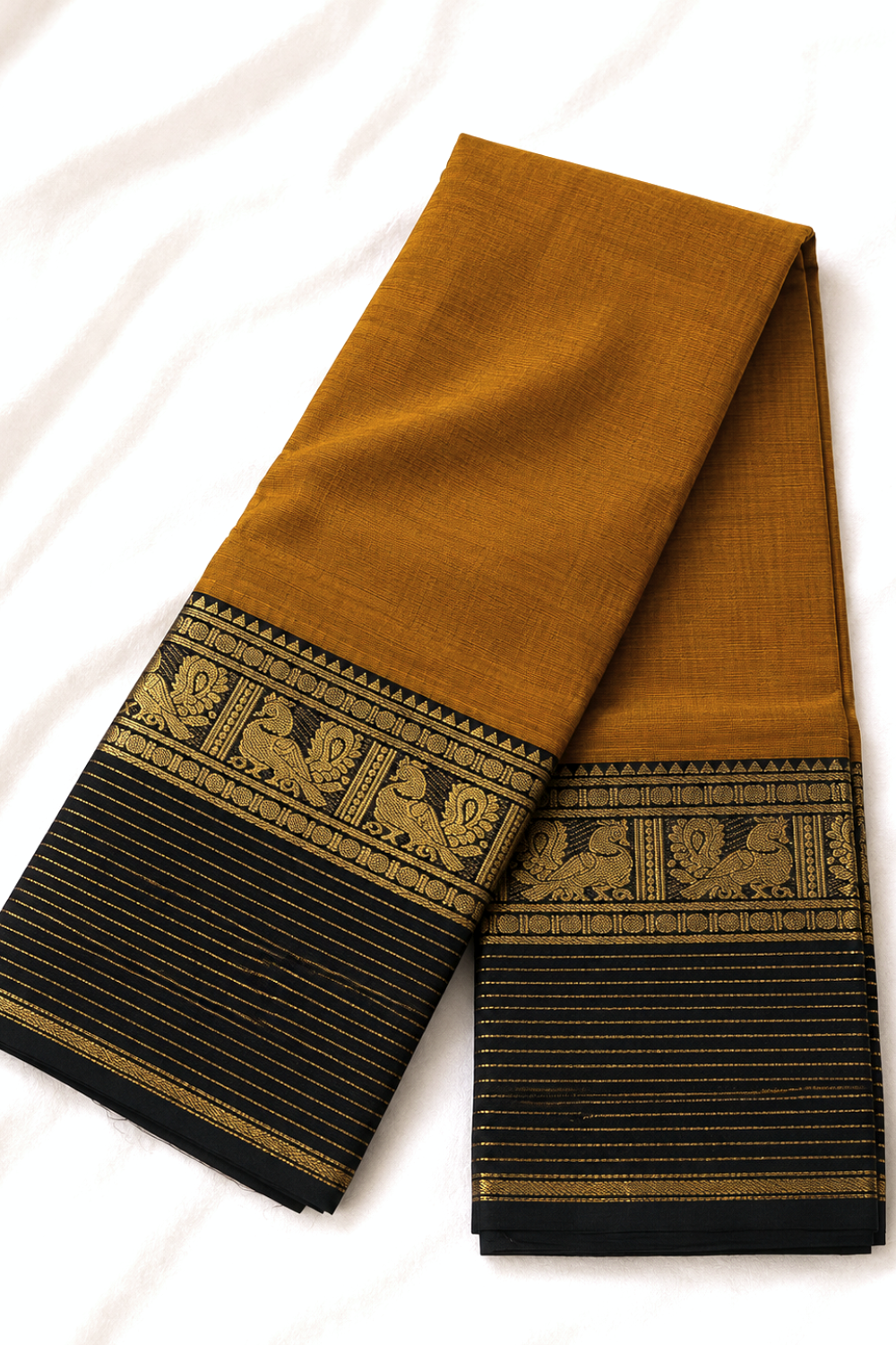 Mustard Handloom Chettinad Cotton Saree with Black Peacock Motif Border