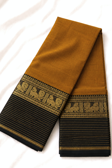 Mustard Handloom Chettinad Cotton Saree with Black Peacock Motif Border