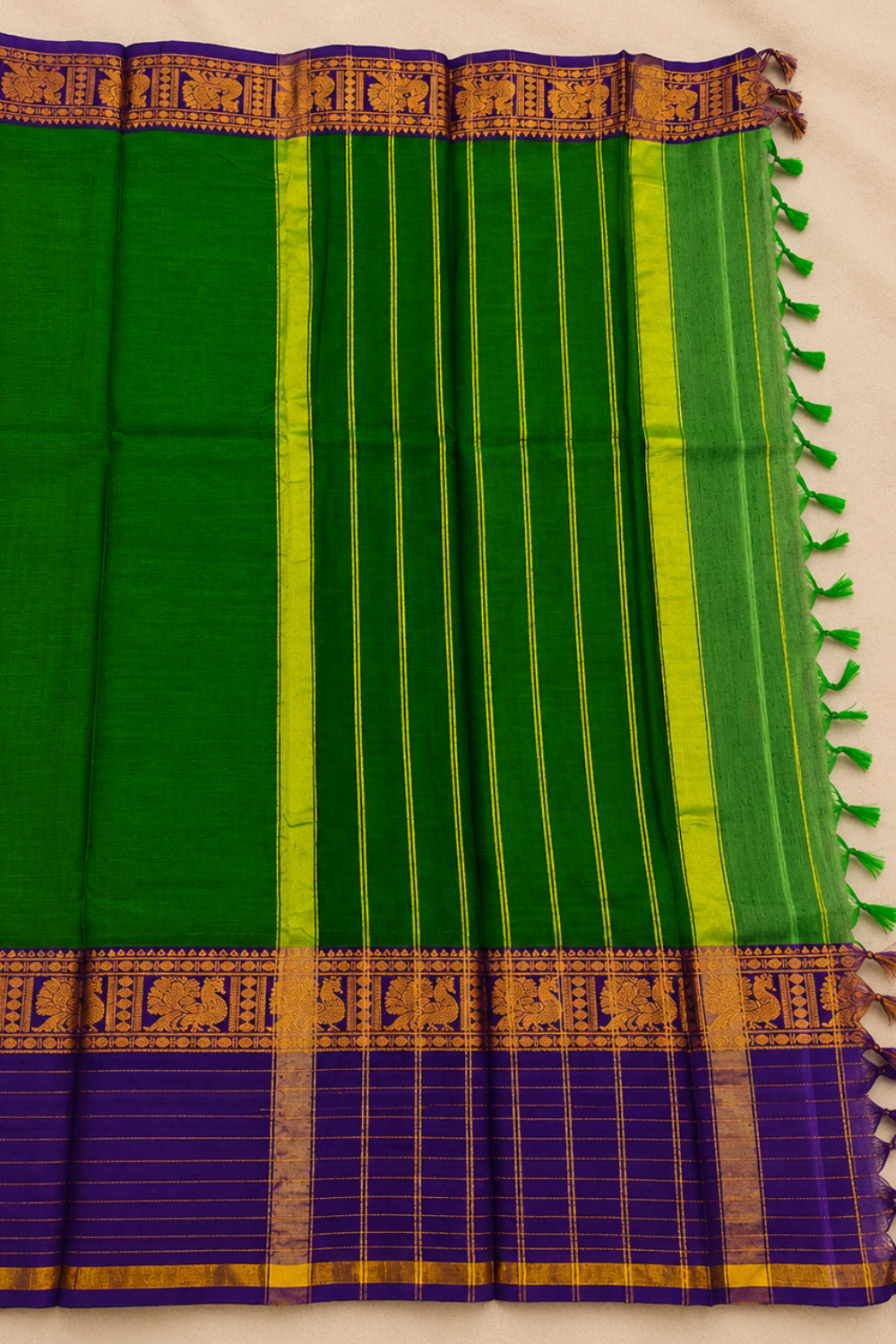 Emerald Green & Purple Narayanpet Cotton Saree with Traditional Gold Zari Border