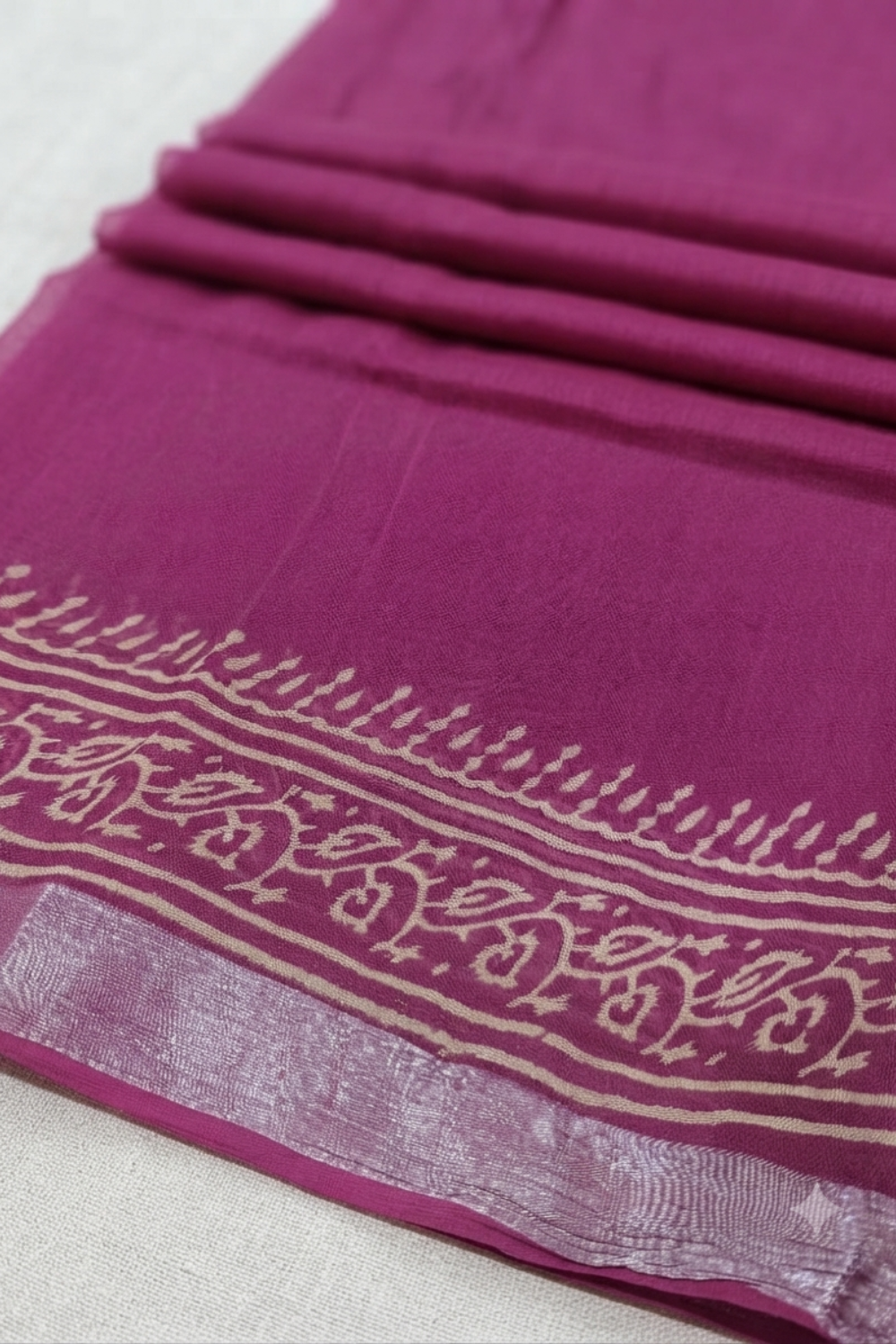 Wine Magenta Linen Saree with Traditional Block Print