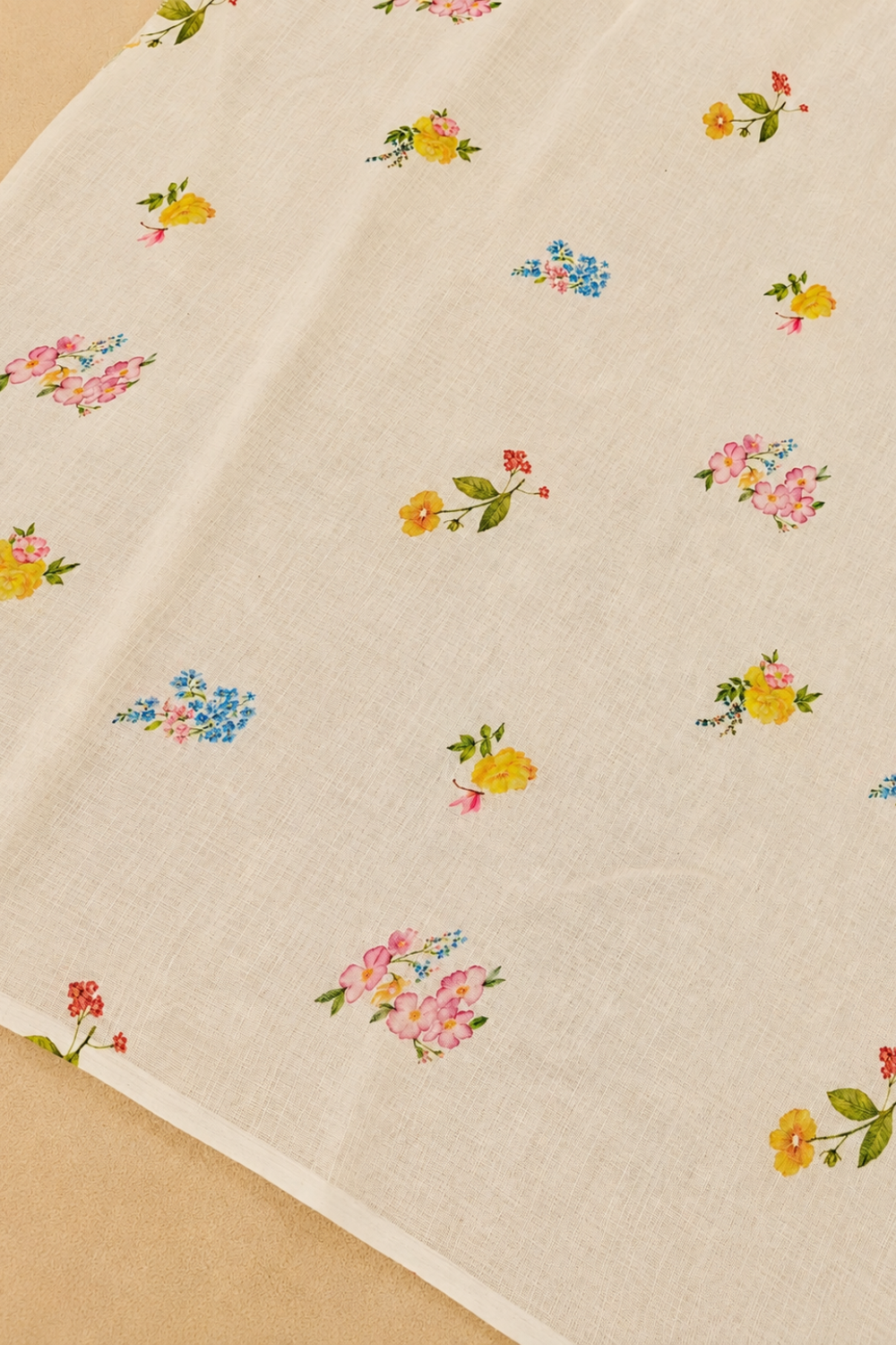Yellow & White Striped Linen Saree with Floral Prints