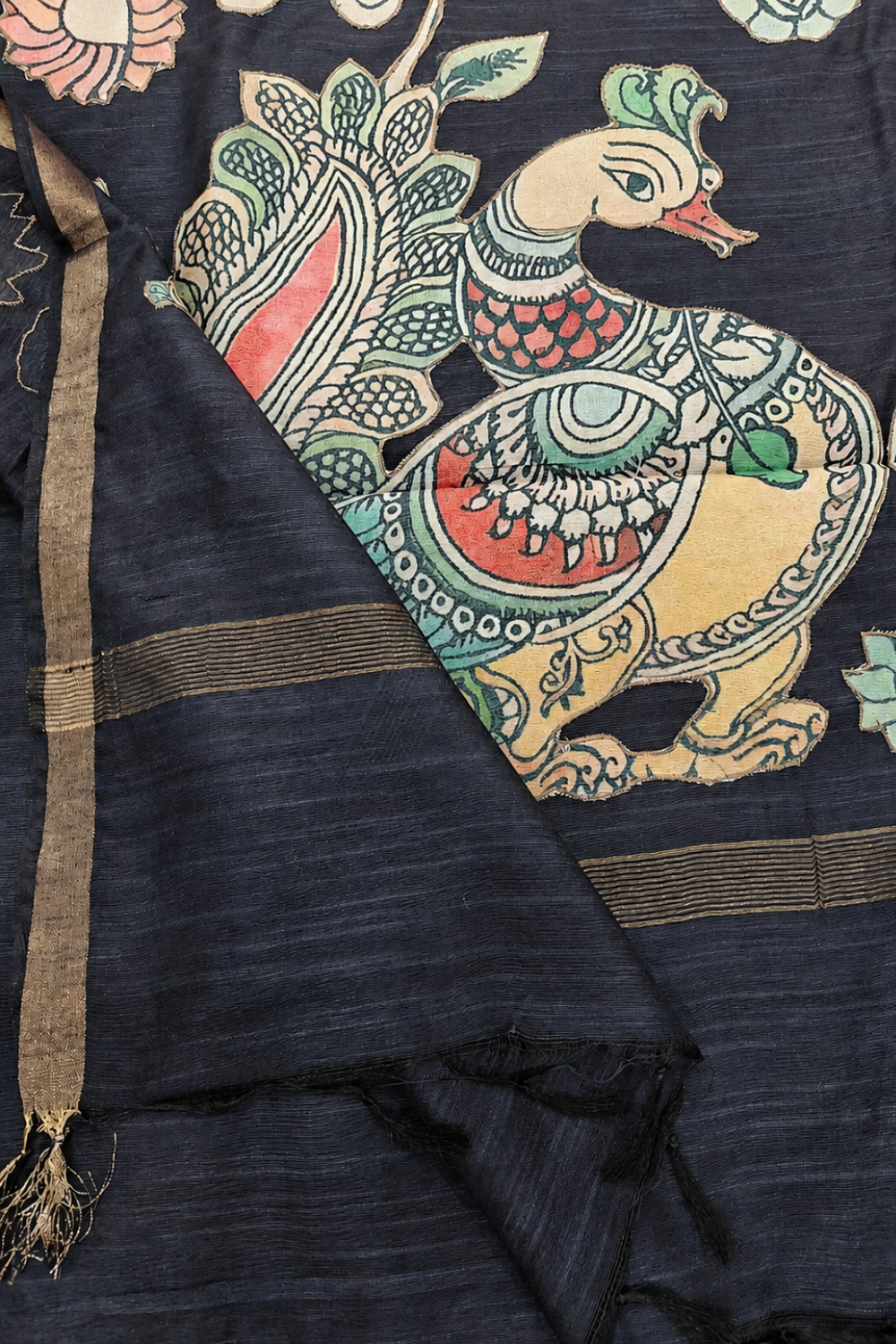 Navy Blue Linen Saree with Multicolour Appliqué Peacock & Floral Work