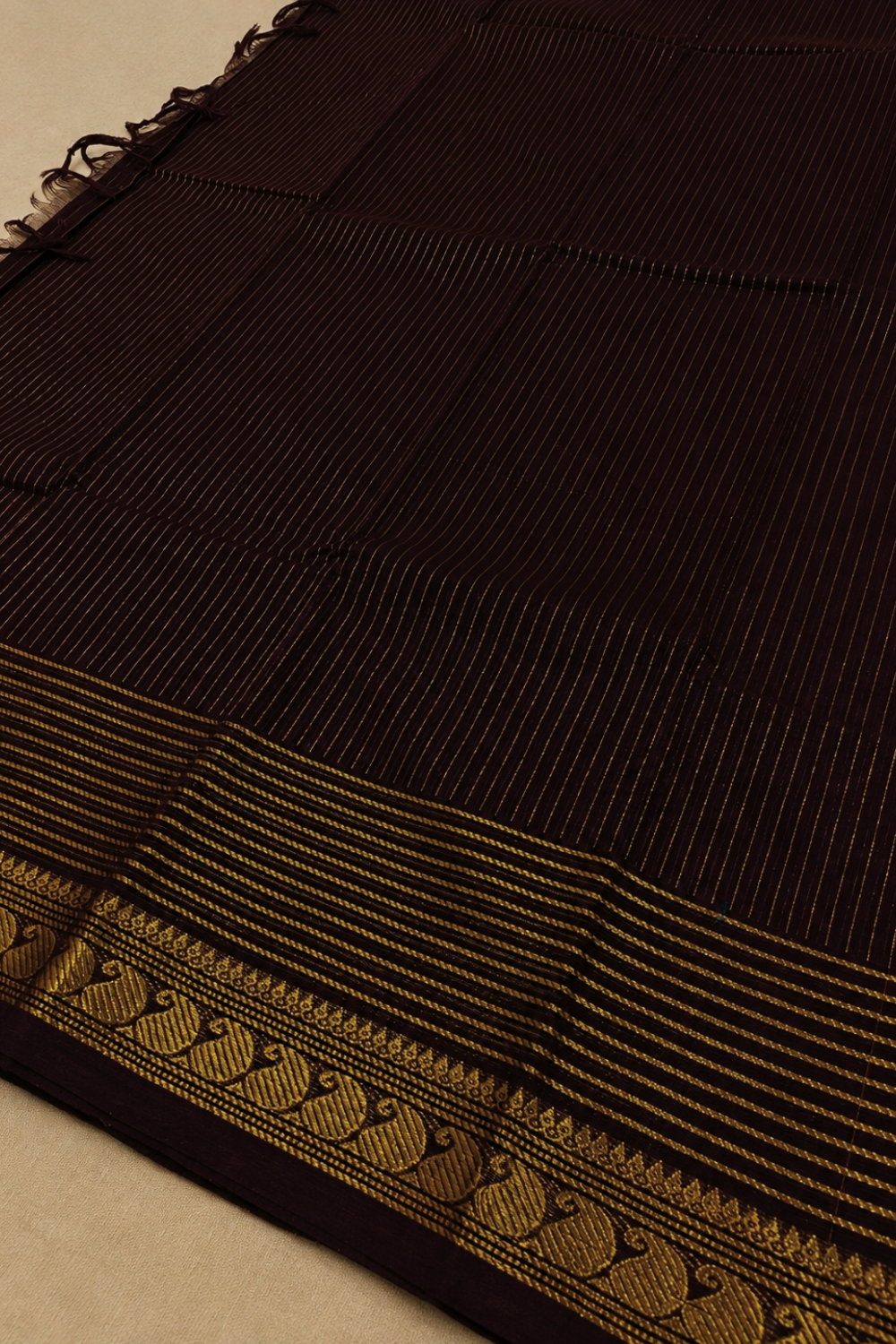Coffee Brown Chettinad Cotton Saree with Golden Stripes & Peacock Border