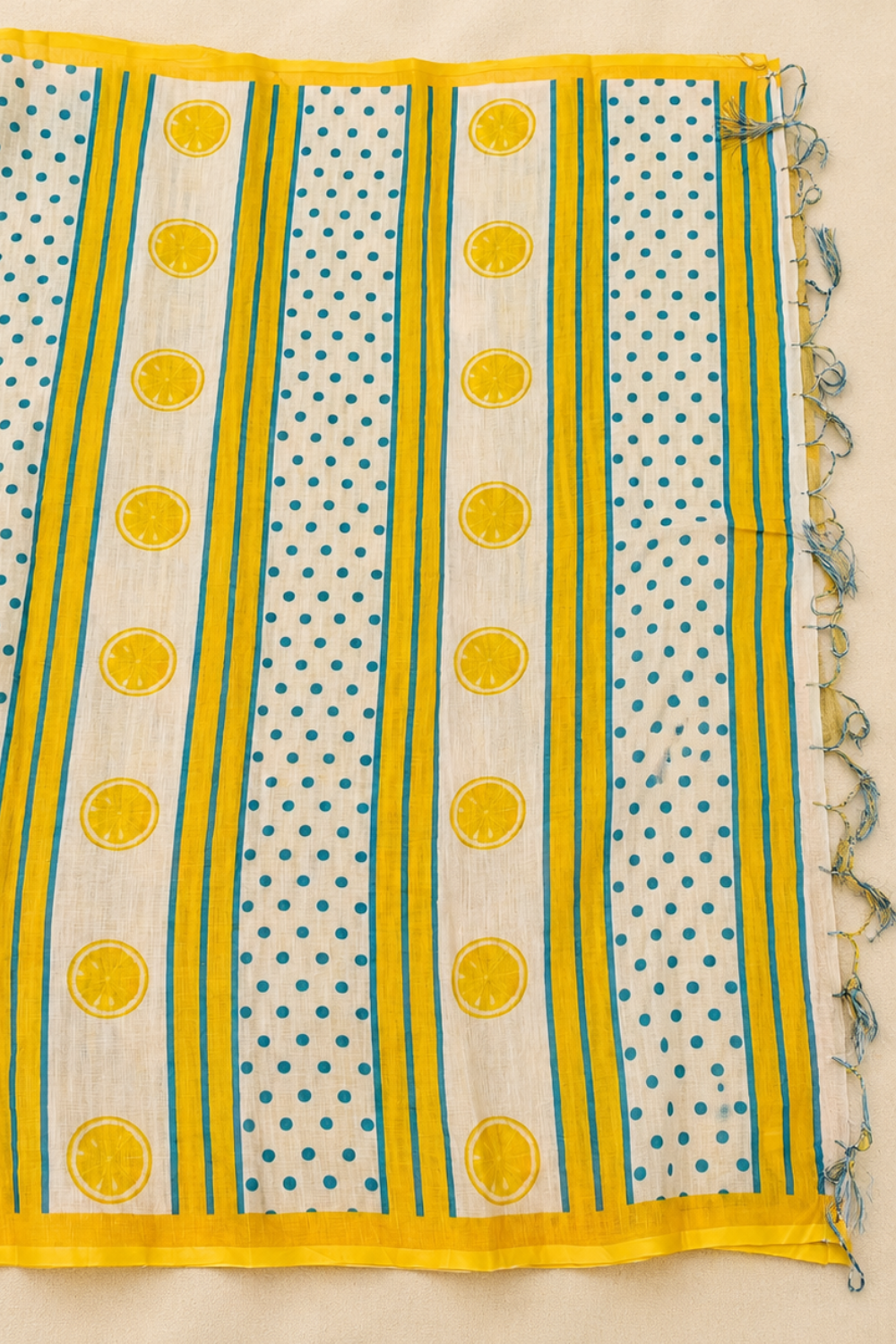Sky Blue & White Striped Linen Blend Saree with Motifs & Yellow Blouse