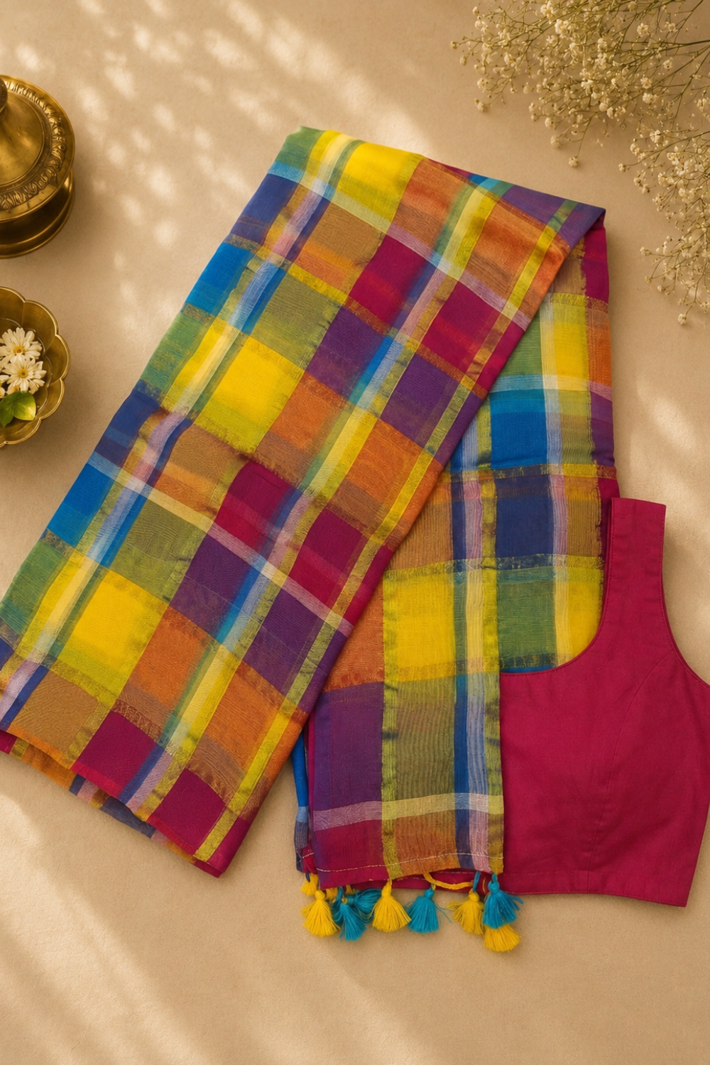 Multicolour Checked Mul Mul Cotton Saree