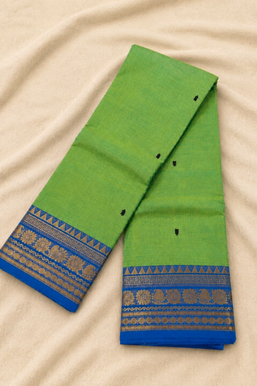 Green Handloom Chettinad Cotton Saree with Royal Blue Traditional Border