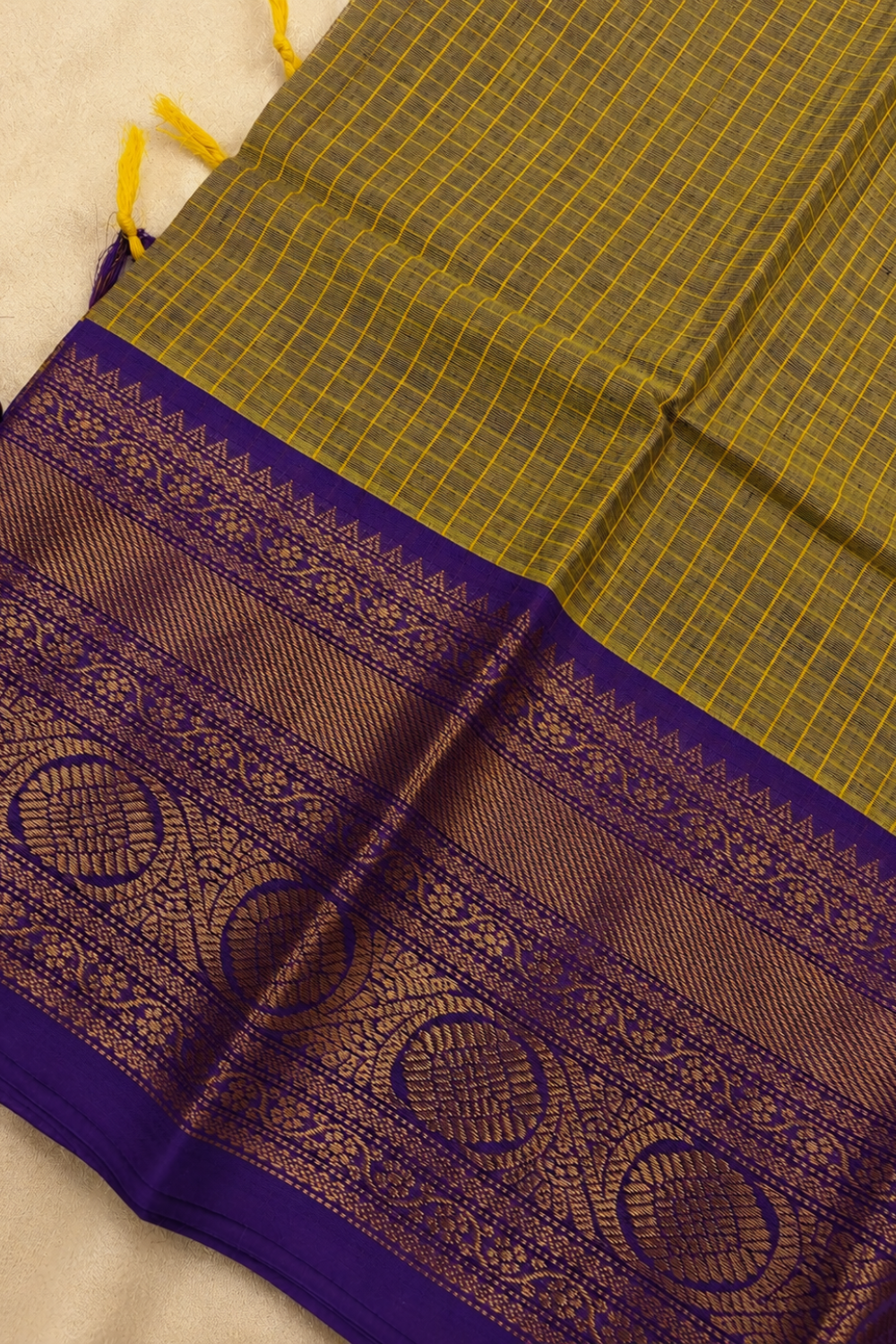 Olive Green Chettinad Handloom Cotton Saree with Royal Purple Zari Border