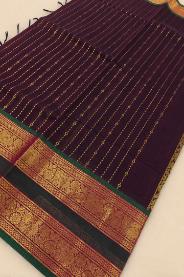 Deep Wine Chettinad Cotton Saree with Traditional Zari Border