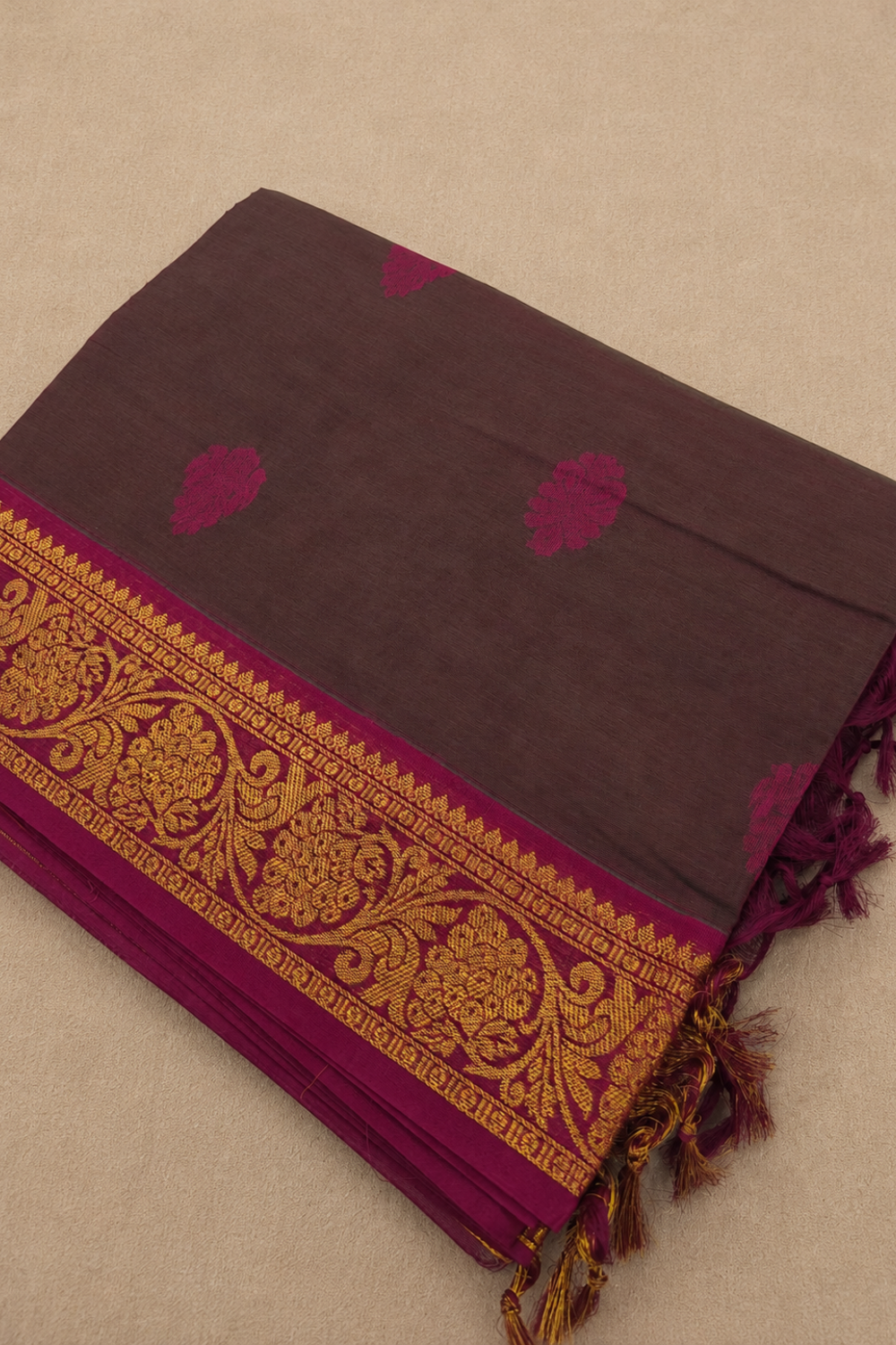 Deep Wine & Magenta Floral Chettinad Cotton Saree with Antique Gold Border