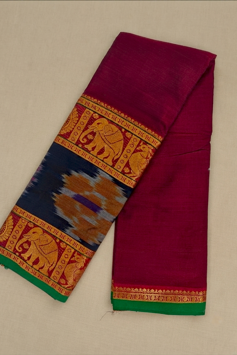 Maroon Narayanpet Cotton Saree with Pochampally-Inspired Ikat & Elephant Motif Border