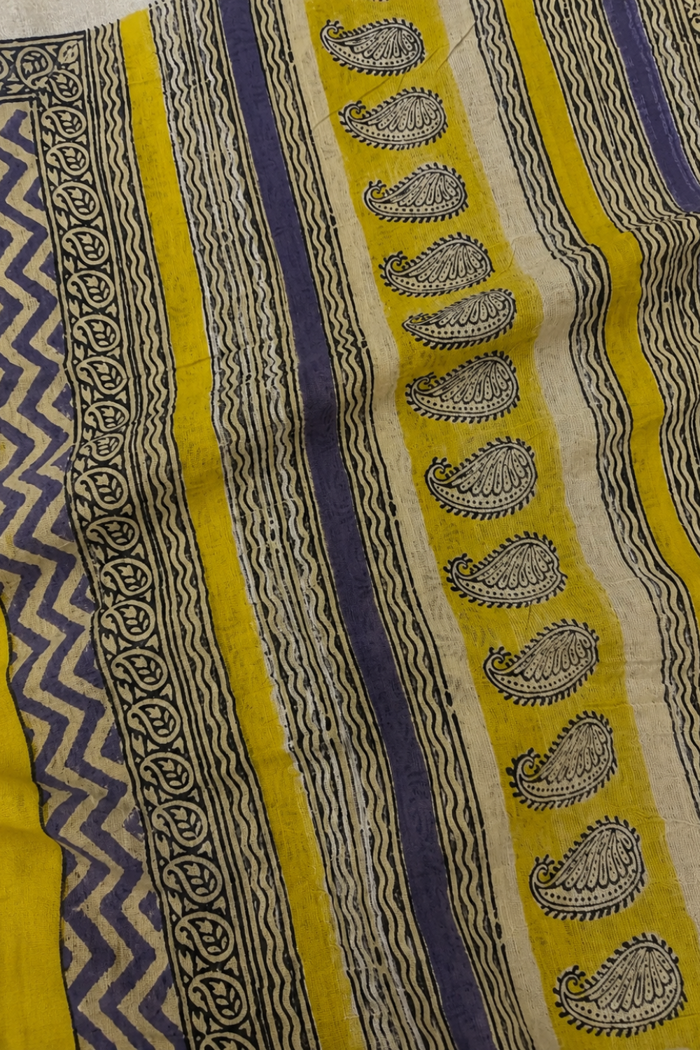 Ivory & Lavender Chevron Print Linen Saree with Mustard Accents