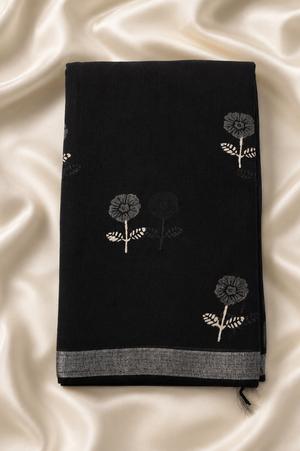 Black Hand Block Print Linen Saree with Silver Woven Border