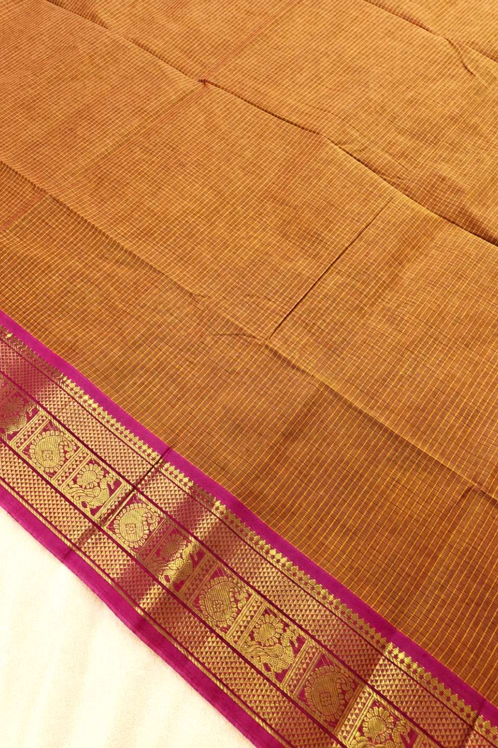 Rust Orange & Pink Chettinad Cotton Saree with Traditional Gold Zari Border