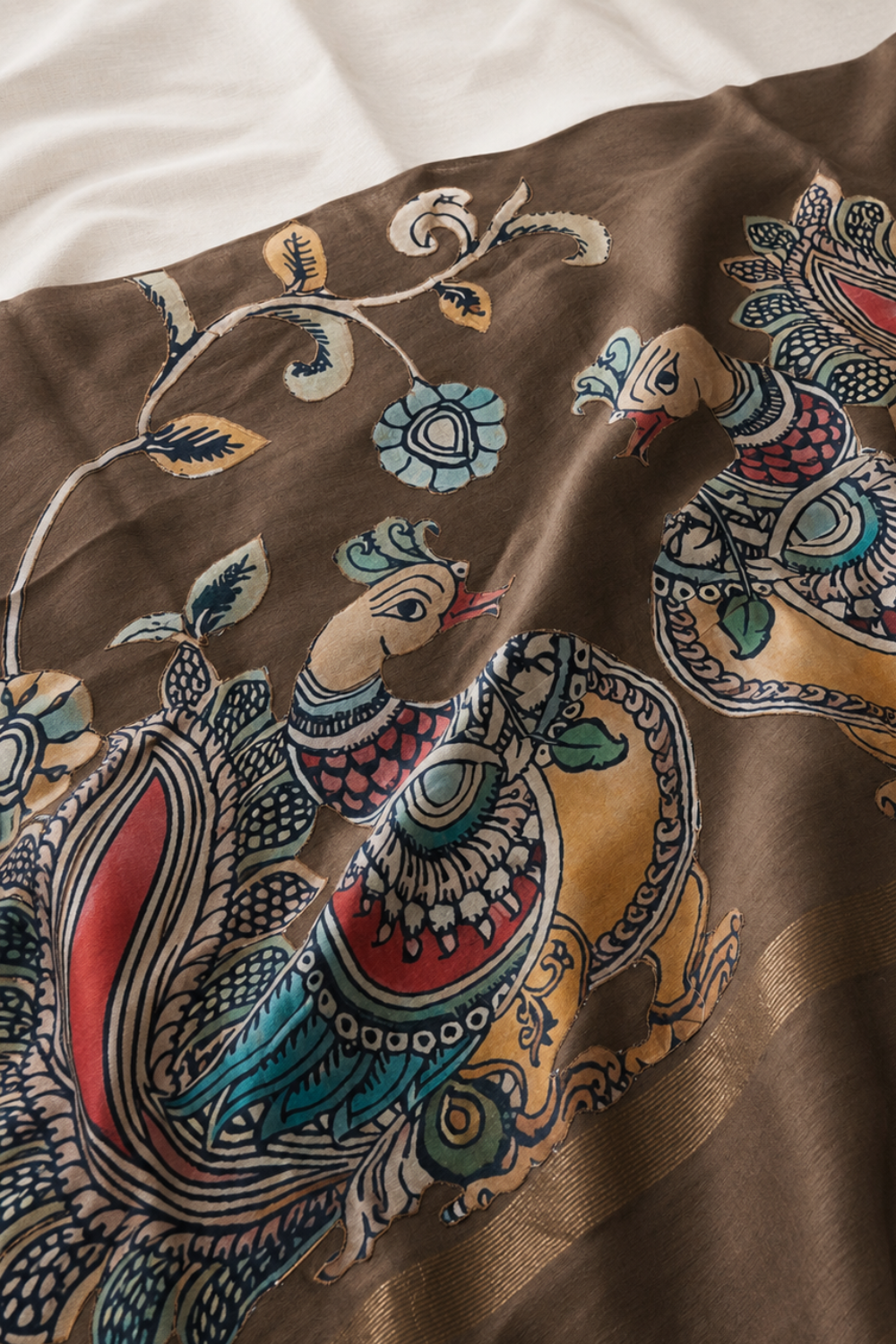 Brown Linen Chanderi Saree with Floral & Peacock Appliqué