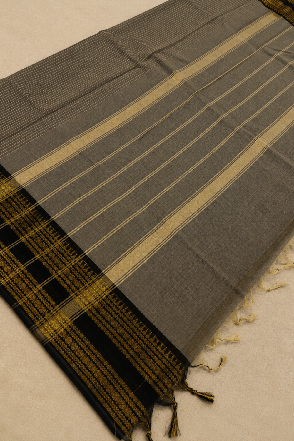 Charcoal Grey Chettinad Cotton Saree with Black & Gold Traditional Border