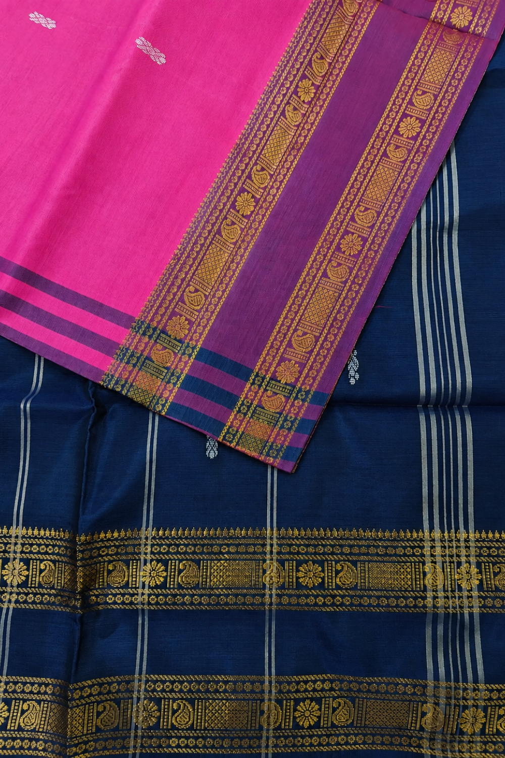 Vibrant Pink & Royal Blue Vazhainaar Pattu Saree with Rich Contrast Zari Pallu