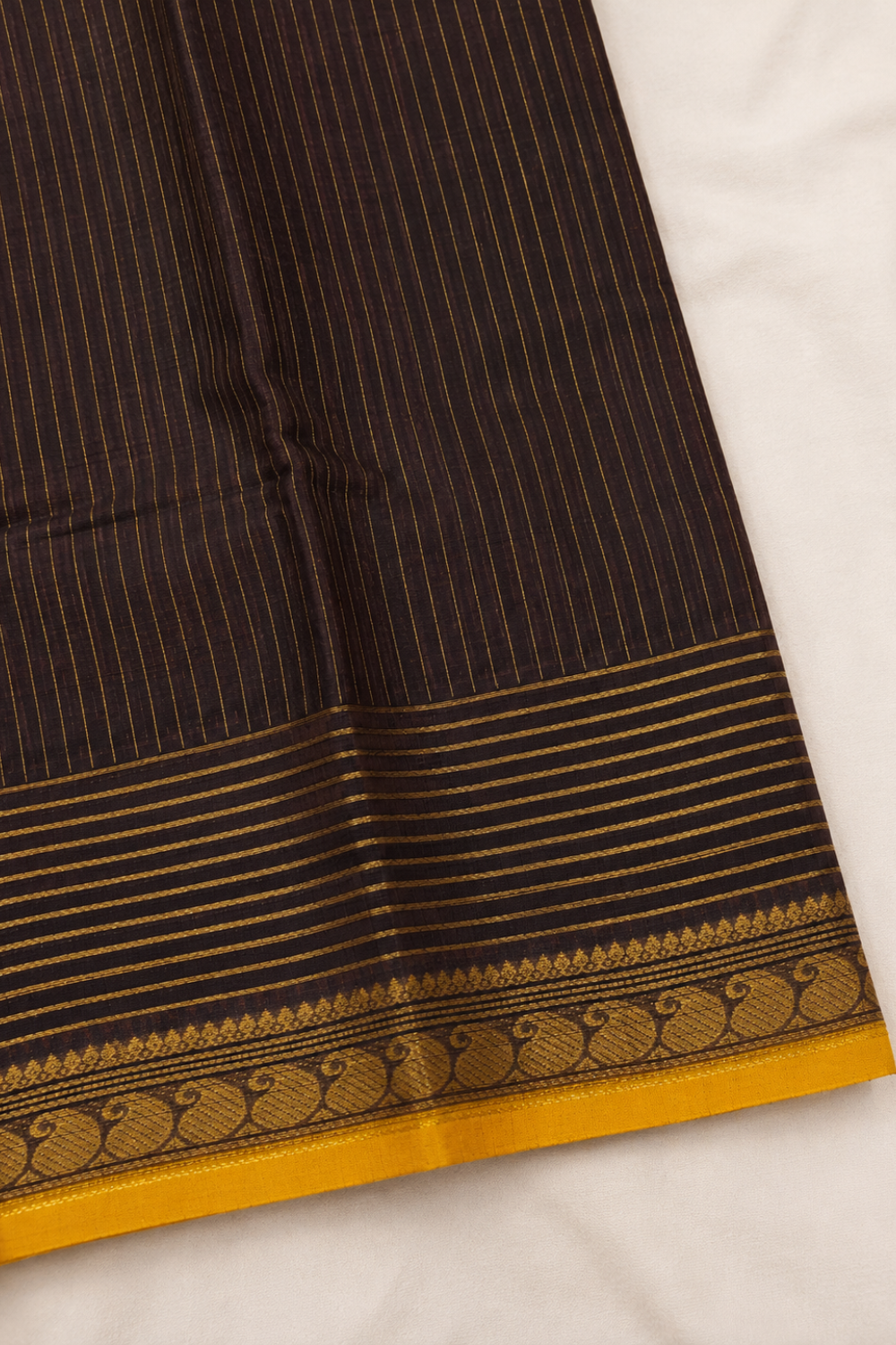Coffee Brown Handloom Chettinad Cotton Saree with Stripes, Mango Motif Border & Mustard Yellow Selvedge