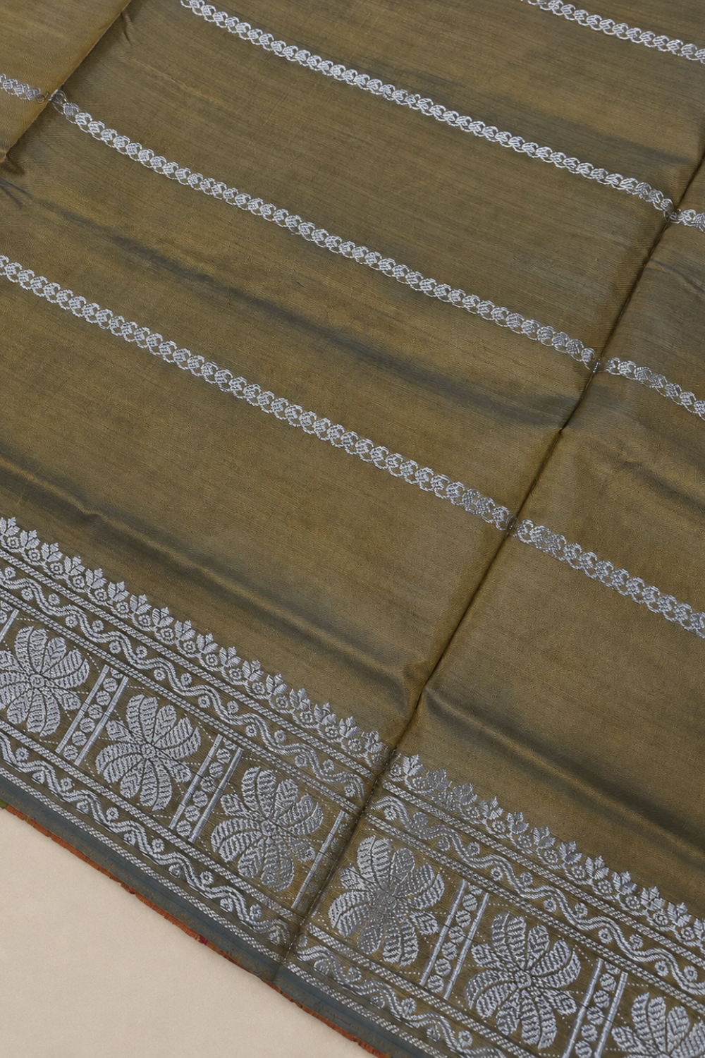 Olive Green & Rust Orange Vegan Silk Saree with Silver Zari Floral Border