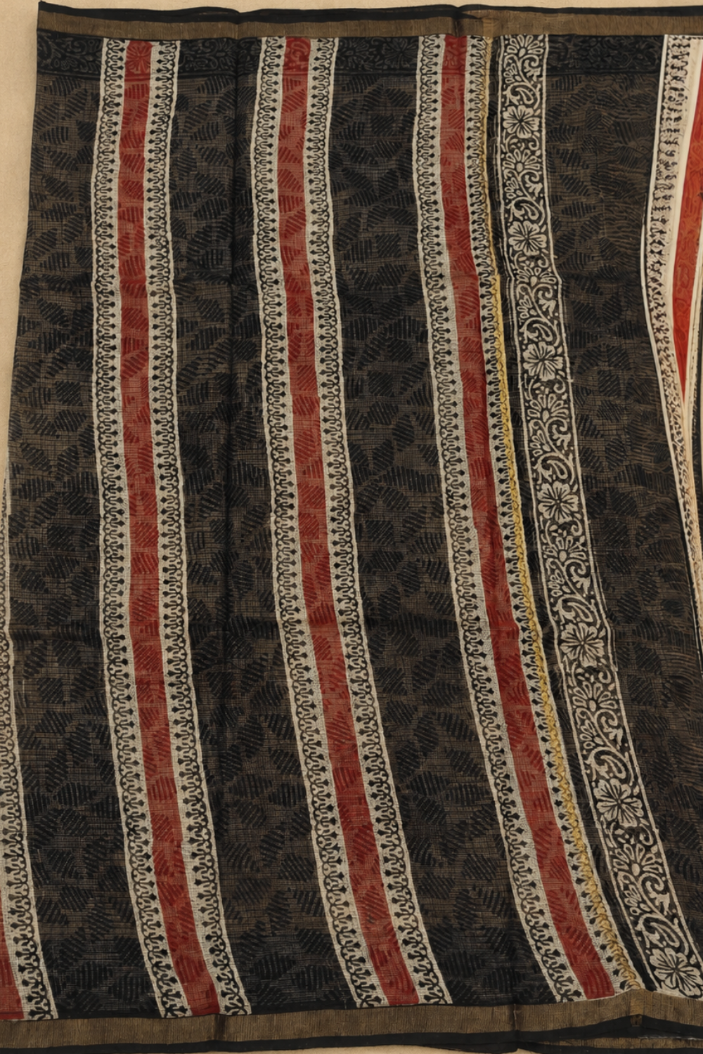 Ivory and Red Floral Hand Block Printed Kota Doria Saree