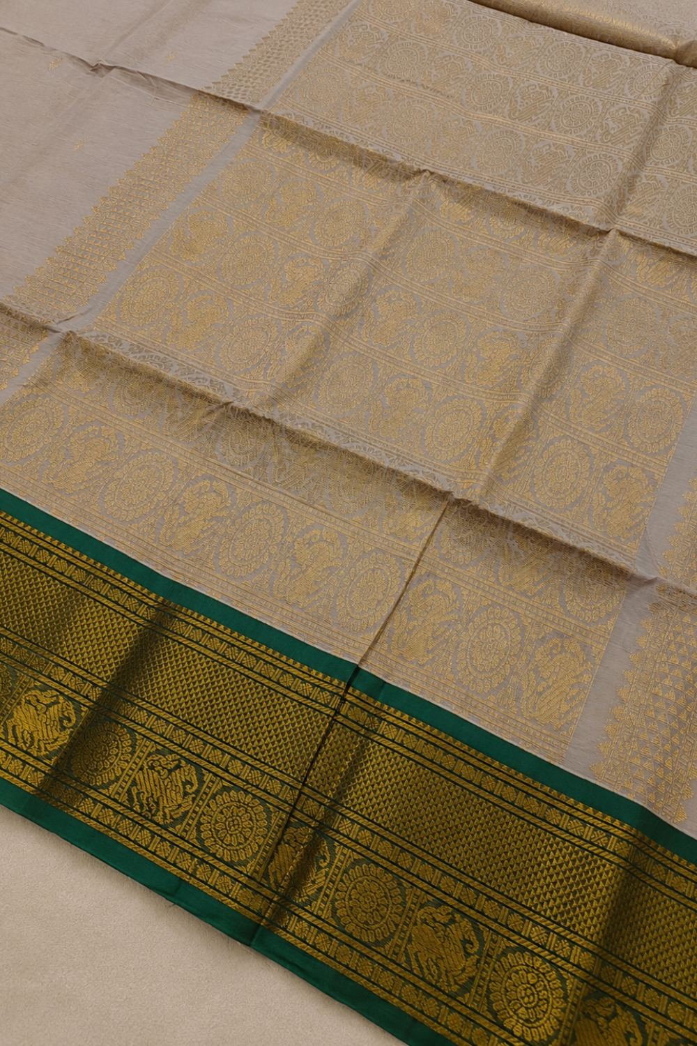 Elegant Beige Chettinad Cotton Saree with Green & Gold Zari Border