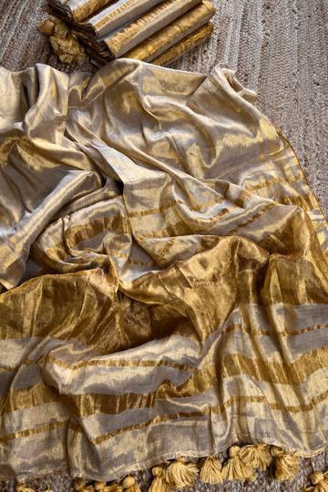 Golden Linen Tissue Saree with Zari Border & Tassel Pallu