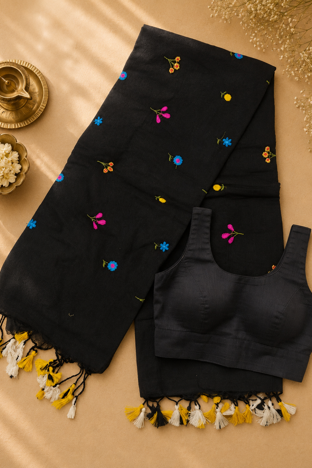 Black Linen Cotton Saree with Multicolour Floral Embroidery