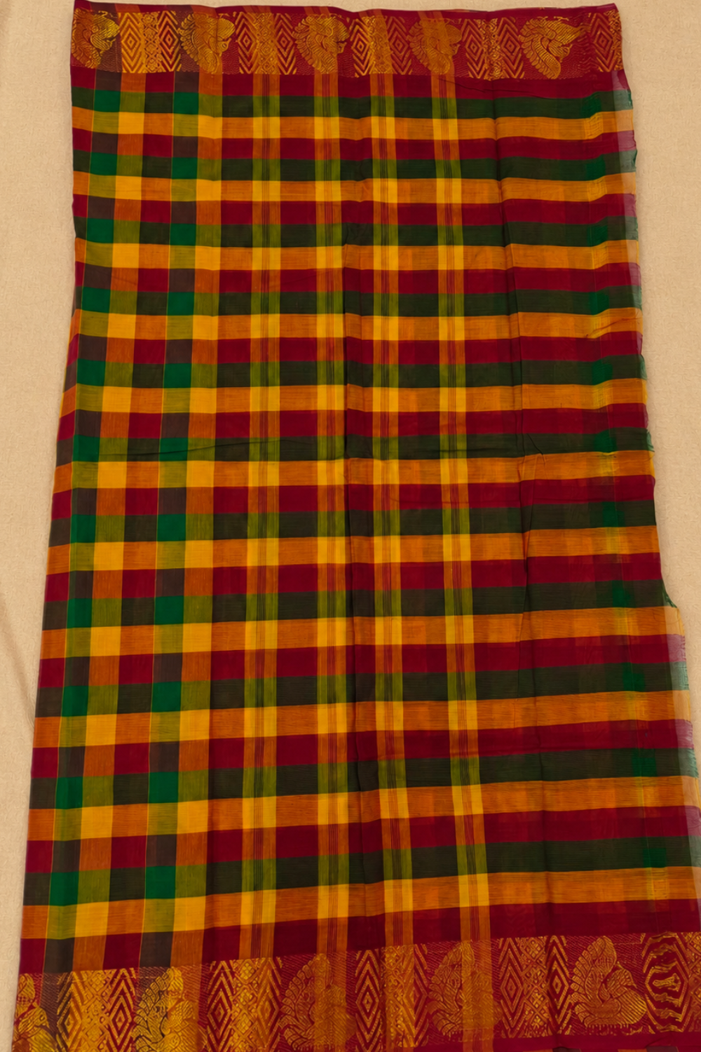 Madras Checks Cotton Saree with Traditional Gold Zari Border