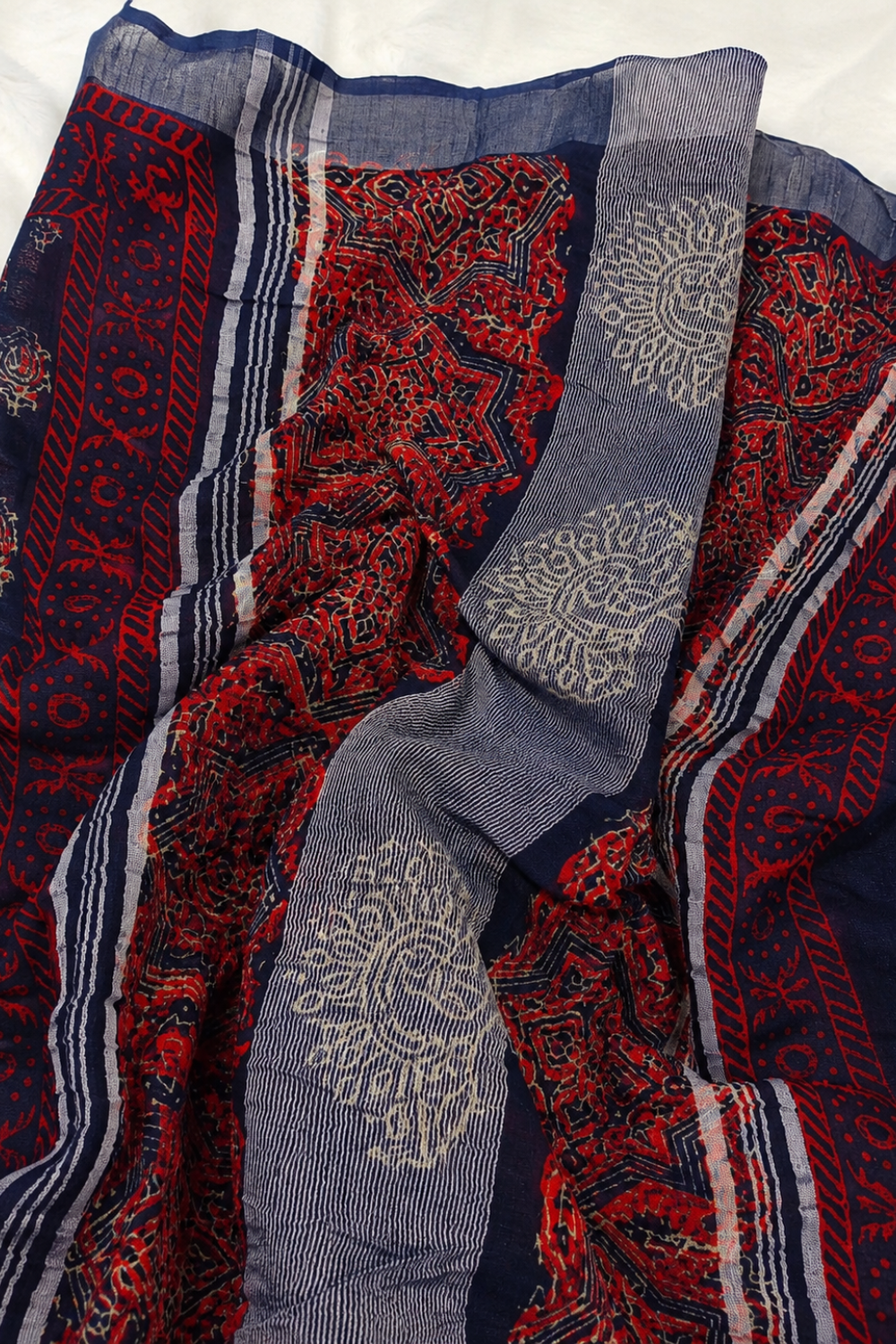 Navy Blue Linen Saree with Traditional Block Prints