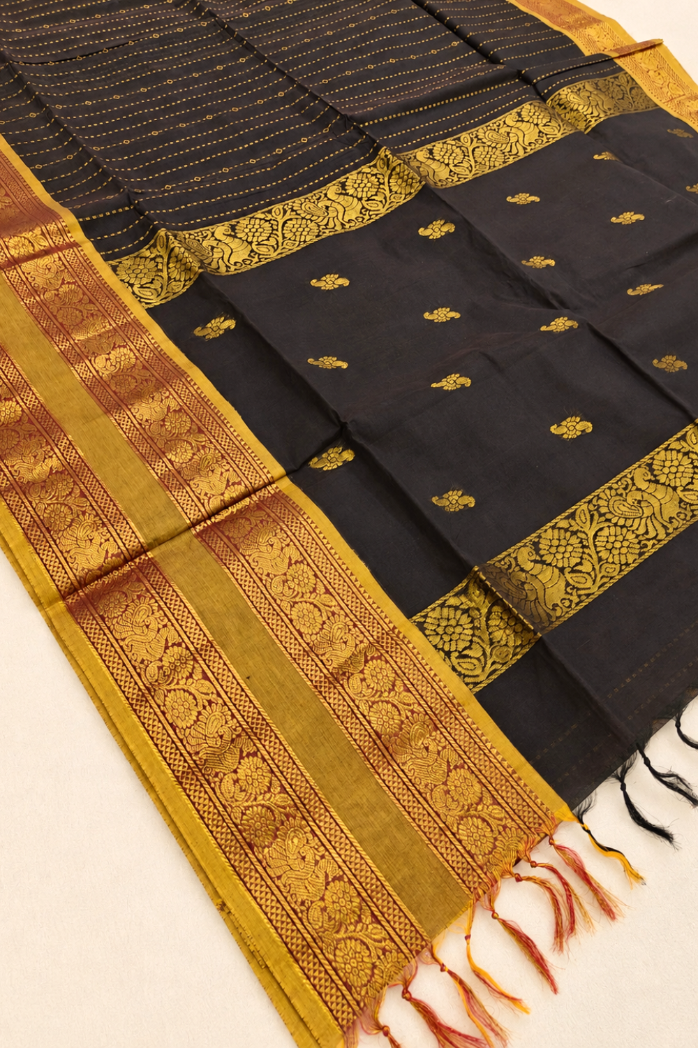 Deep Brown Chettinad Cotton Saree with Antique Gold Floral Border