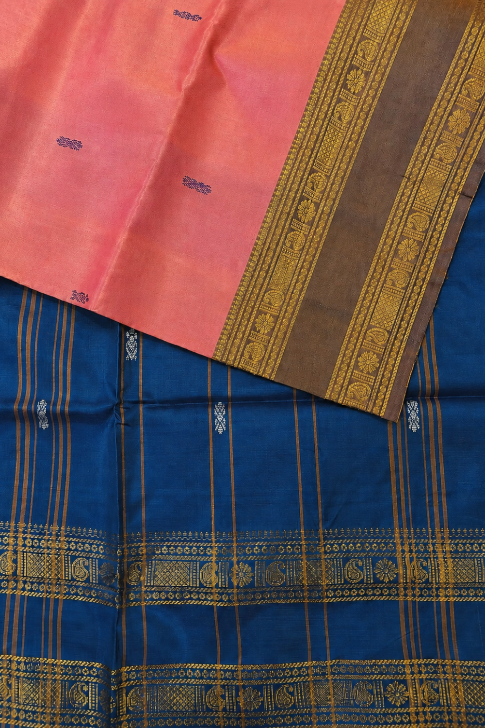 Pink and Orange dual tone & Navy Blue Vazhainaar Pattu Saree with Rich Contrast Zari Pallu