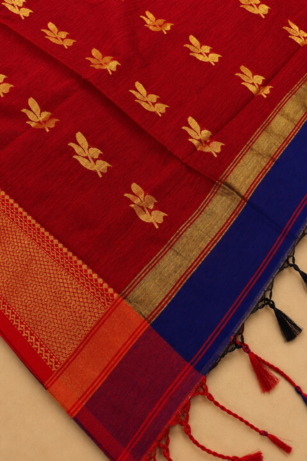 Royal Blue & Red Maheshwari Cotton Saree with Gold Zari Border