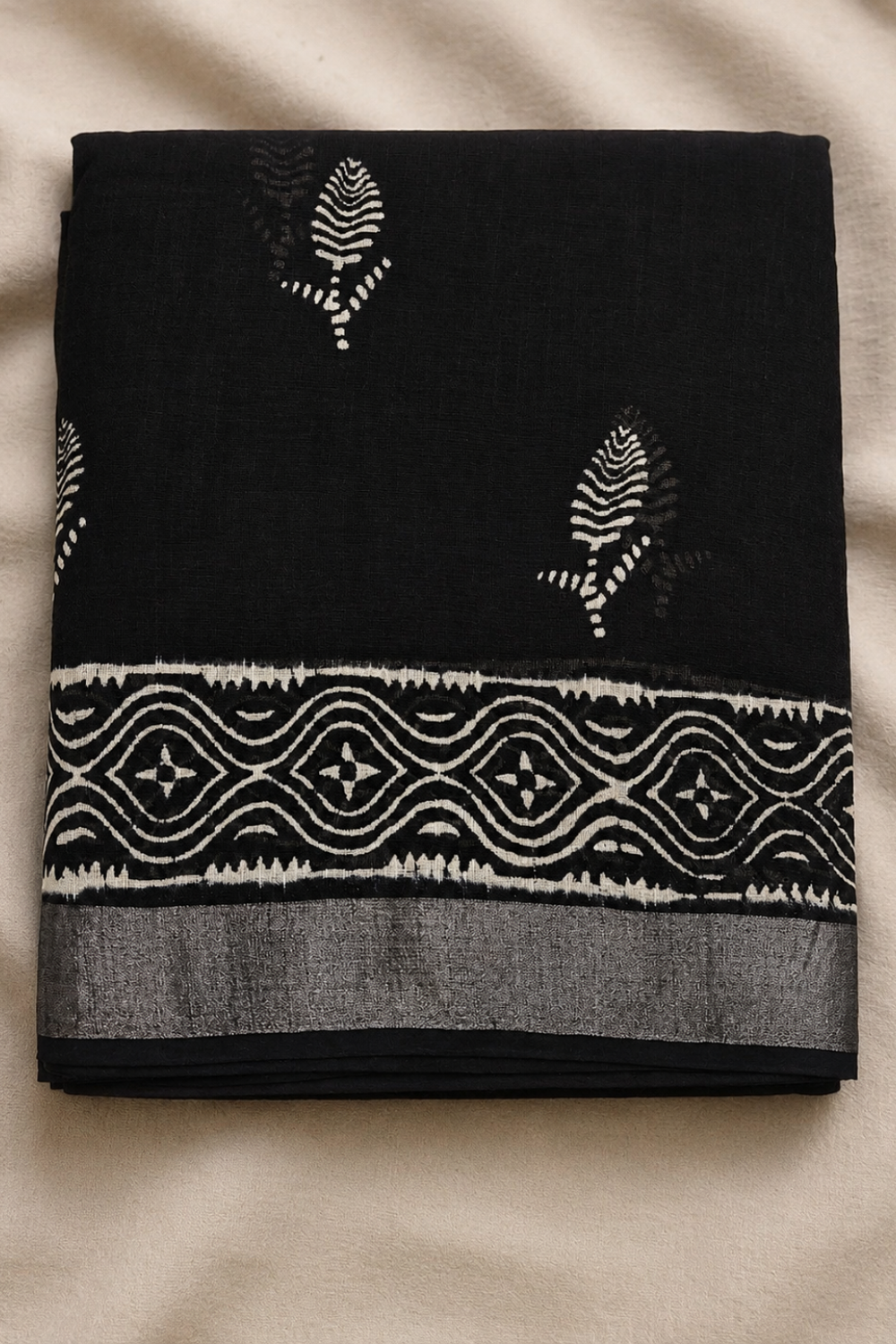 Black Hand Block Print Linen Saree with Woven Geometric Border