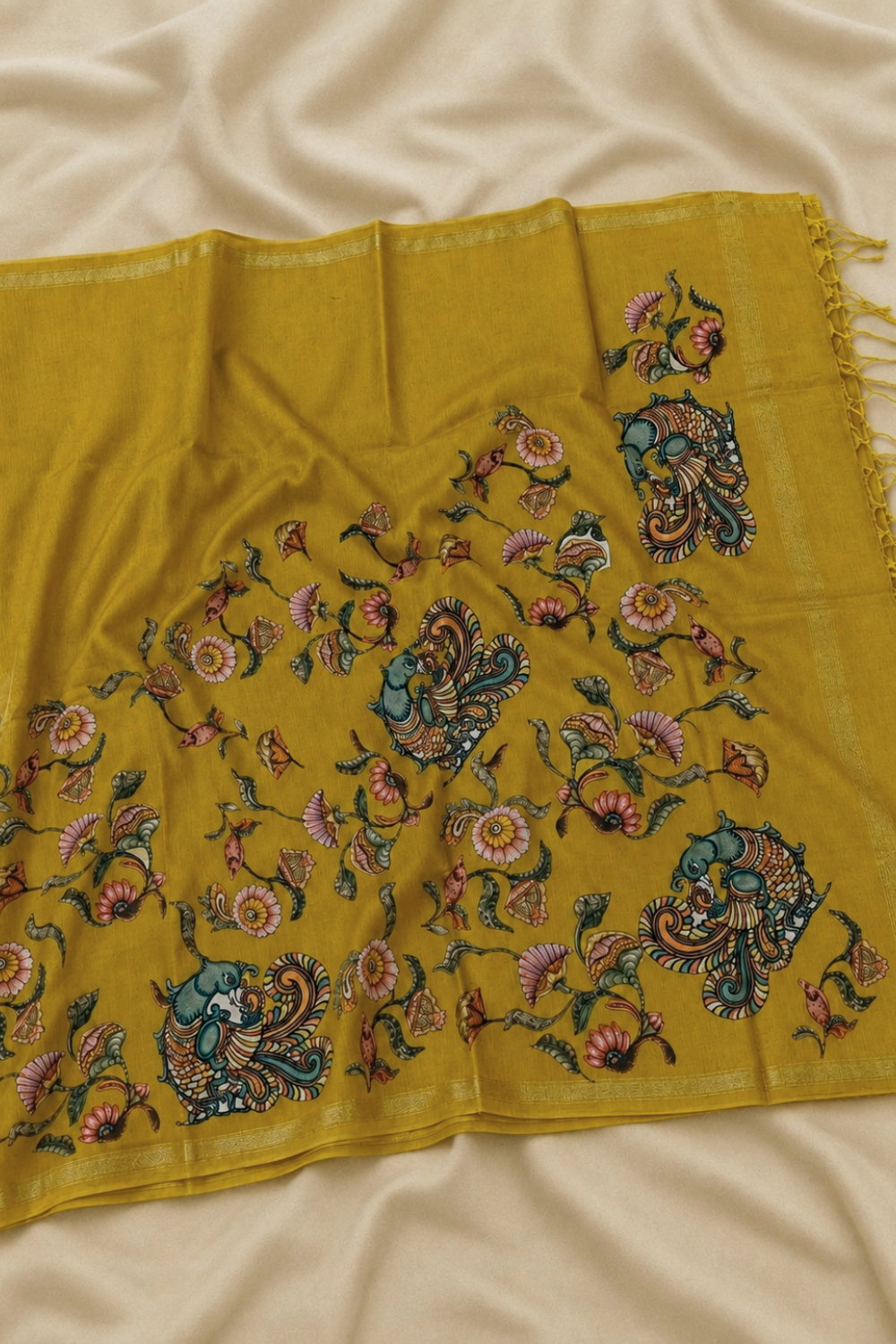 Mustard Yellow Linen Chanderi Saree with Floral & Peacock Print