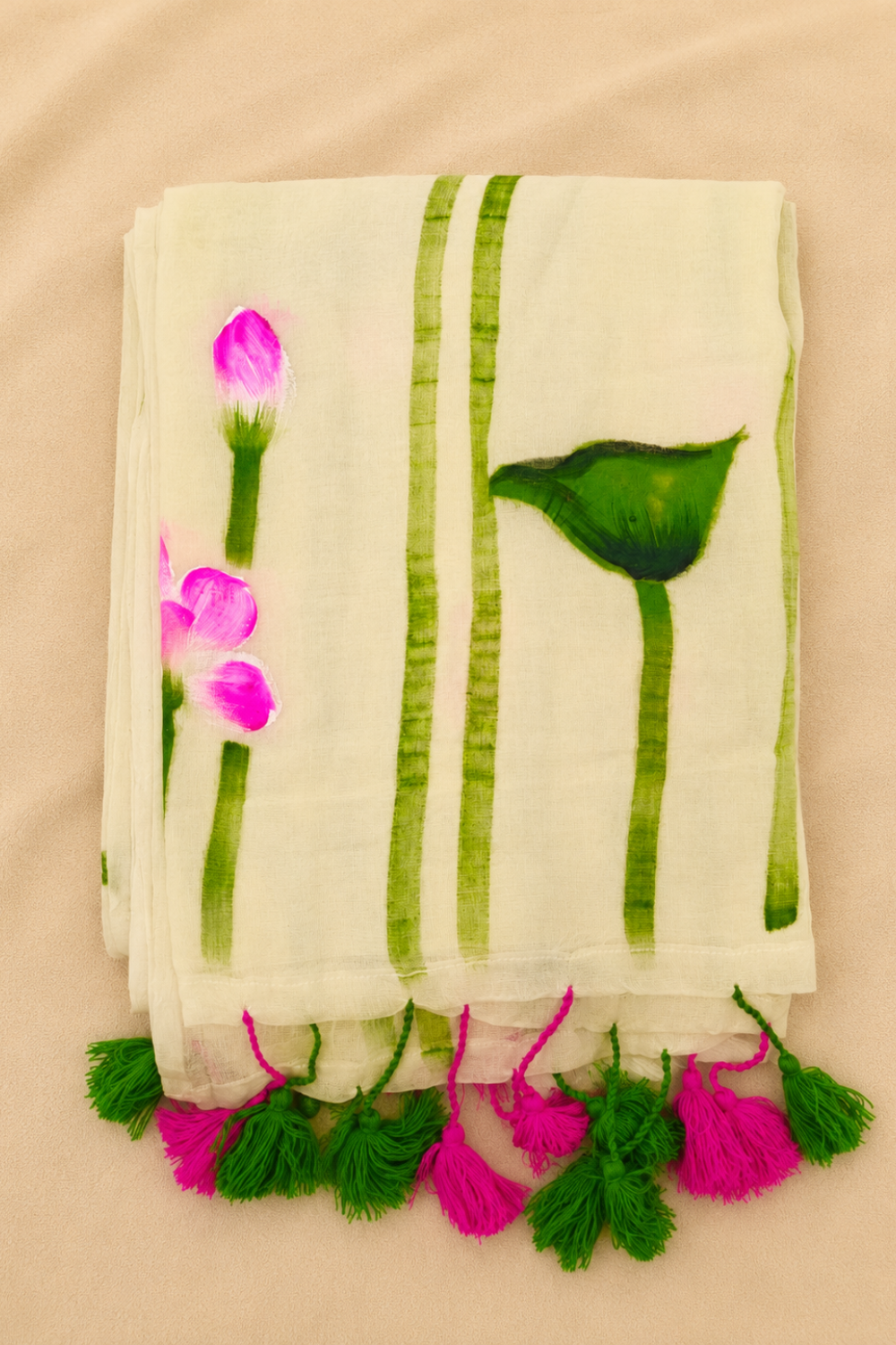 Hand-Painted Lotus Mul Mul Cotton Saree