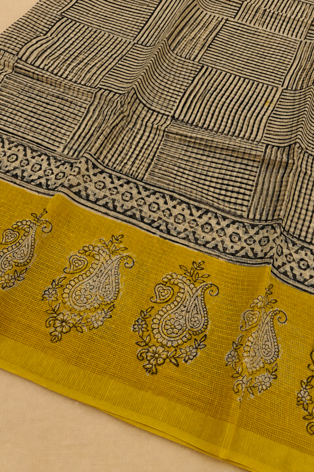 Mustard & Black Hand Block Printed Kota Doria Saree