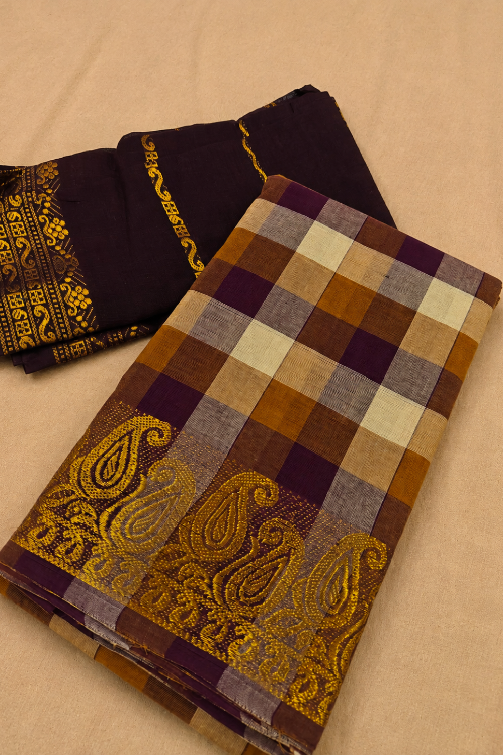 Brown Madras Checks Cotton Saree with Gold Zari Border