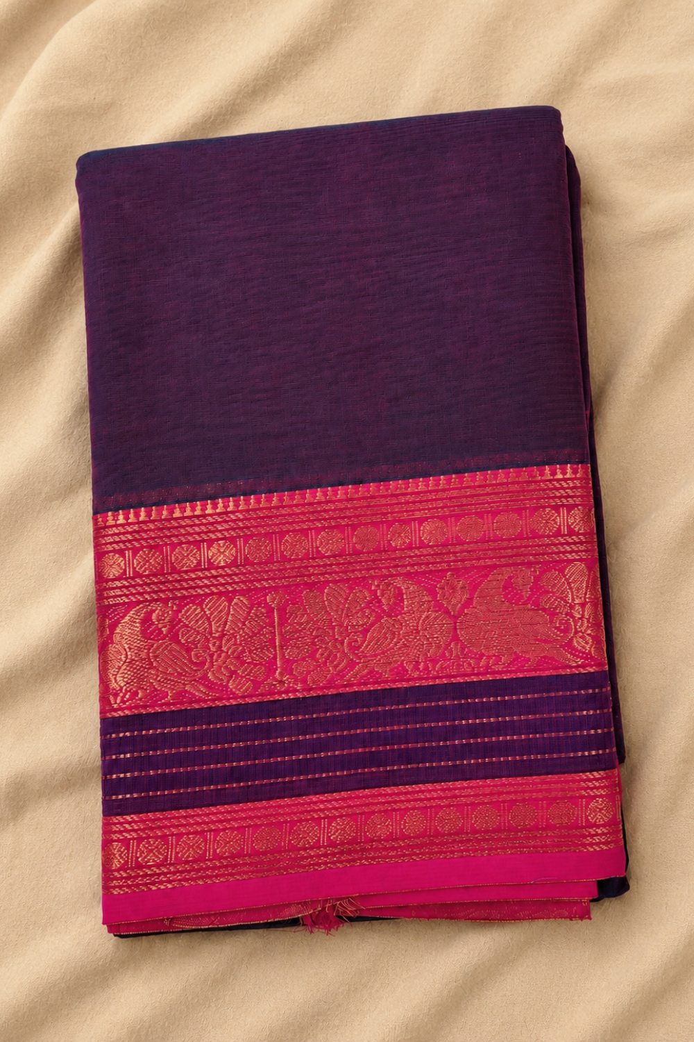 Purple Handloom Chettinad Cotton Saree with Rani Pink Peacock Motif Border